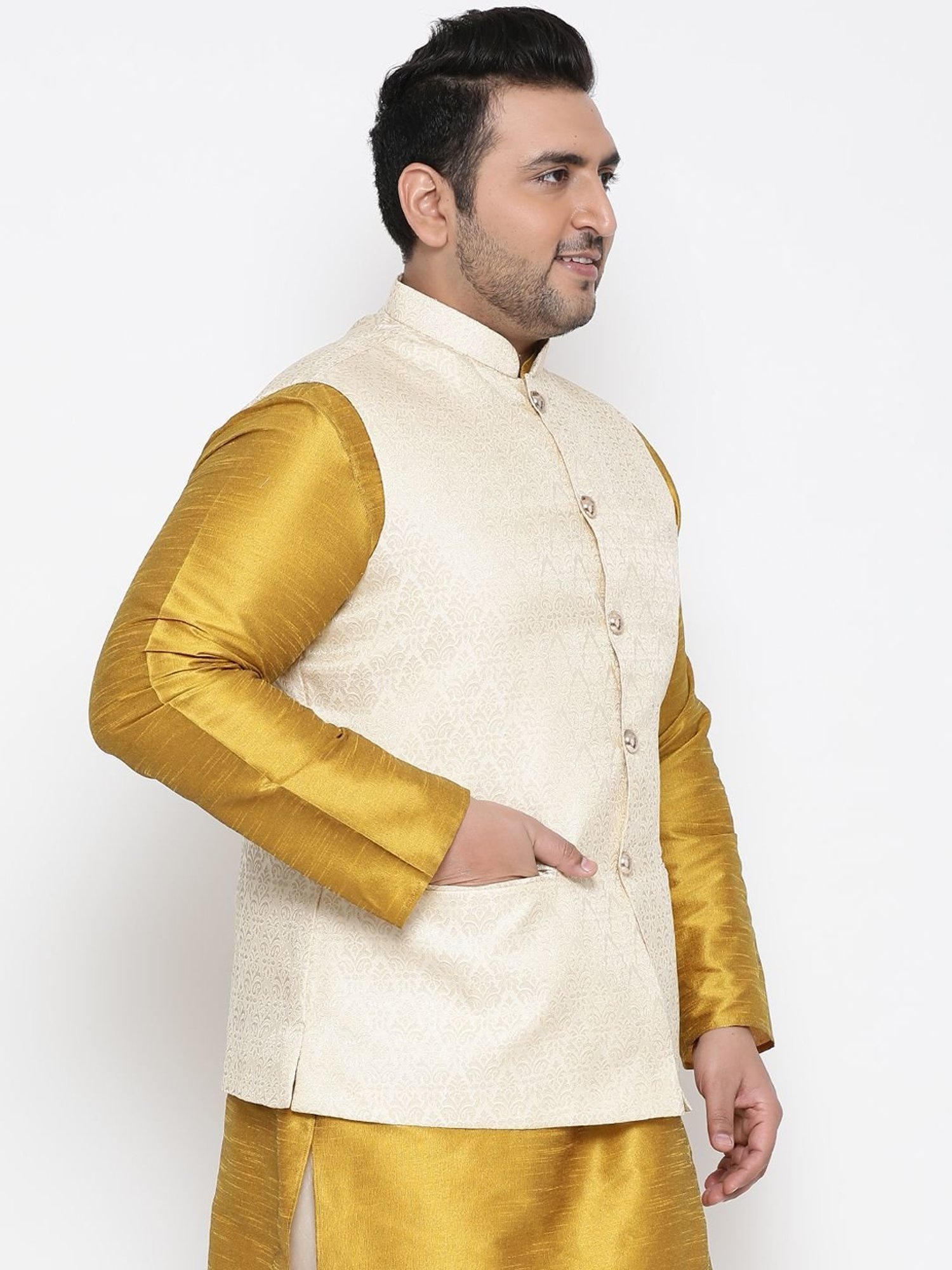 KISAH PLUS Beige Regular Fit Jacquard Nehru Jacket