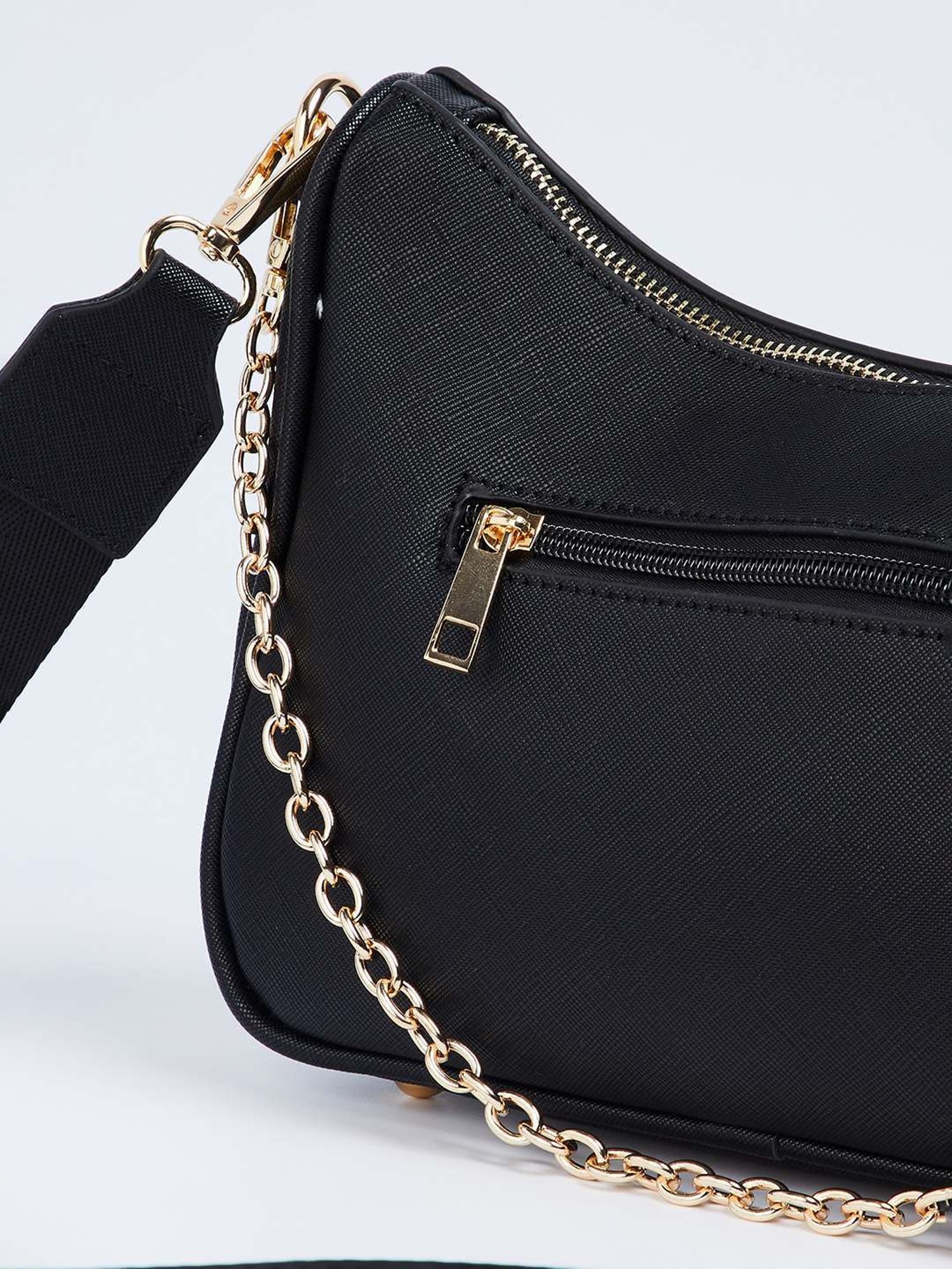 Code by Lifestyle Black Textured Shoulder Handbag with Pouch