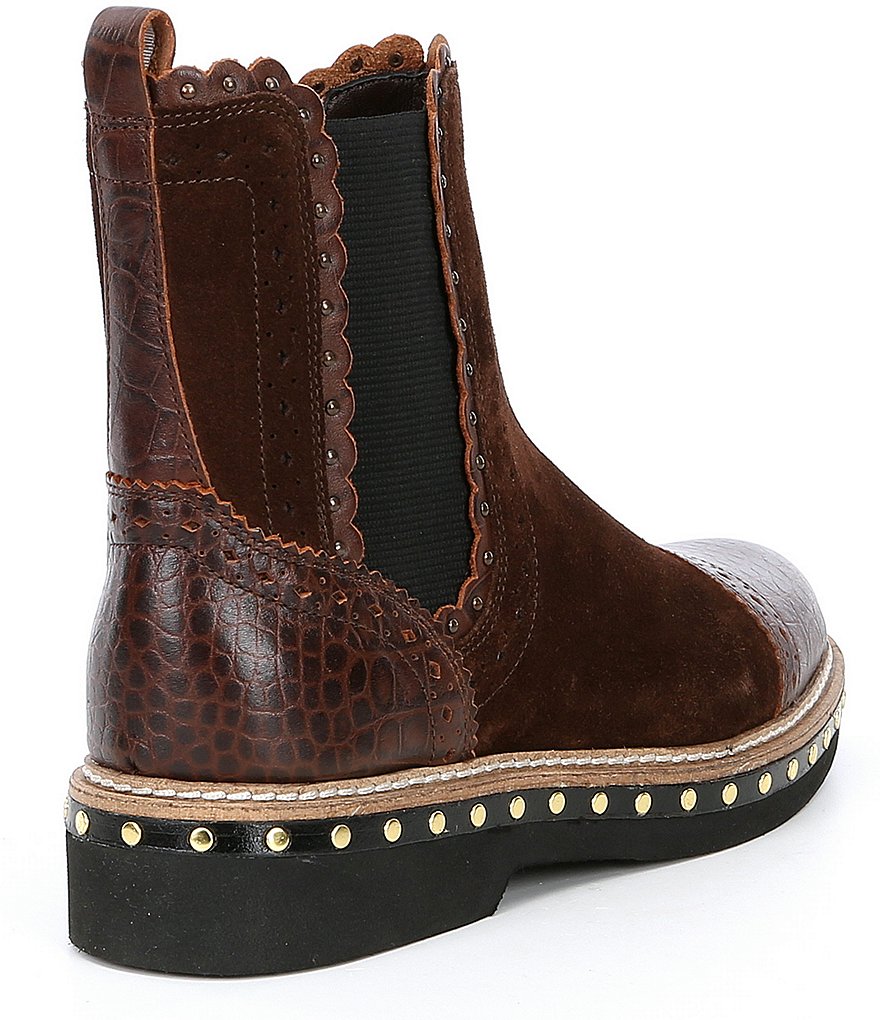 Free People Atlas Suede Croco Printed Cap Toe Studded Chelsea Booties