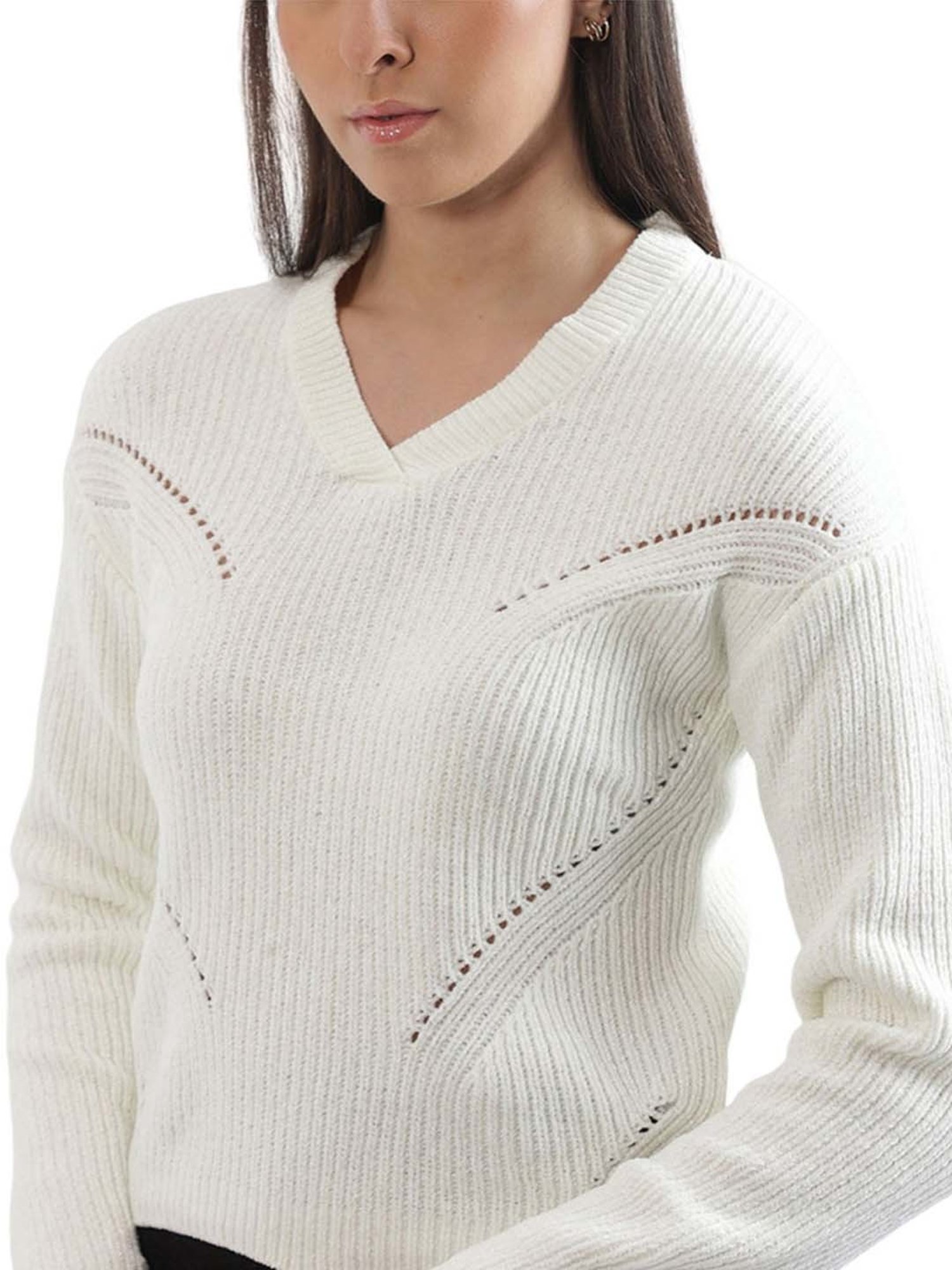 Elle White Self Pattern Sweater