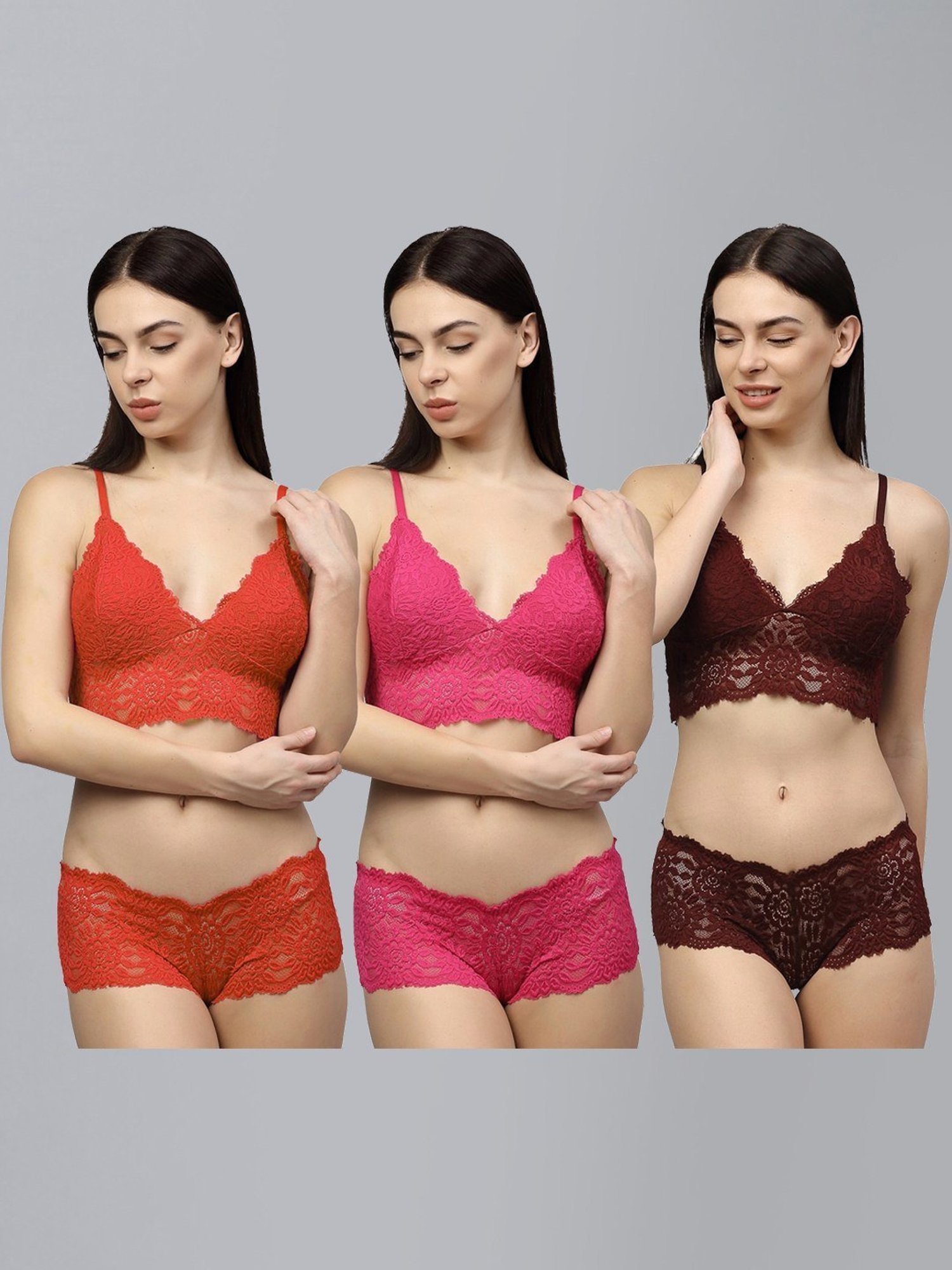 AROUSY Red & Pink Self Pattern Bra Panty Set - Pack Of 3