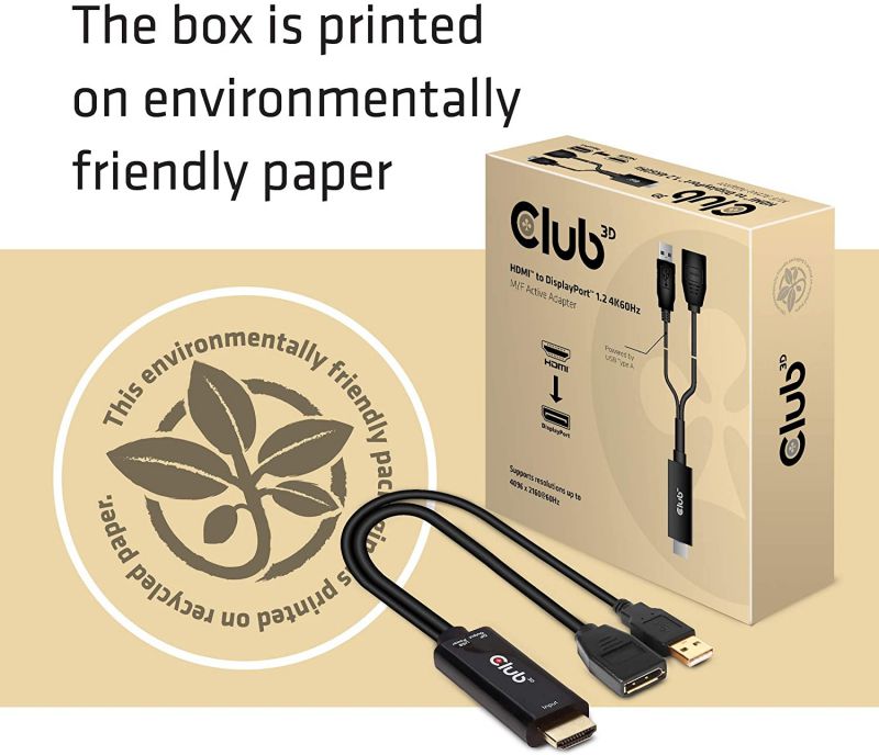 Club 3D 4K 60Hz HDMI to DisplayPort Video Adapter w/USB Power - HDMI 2.0 (Male) to DP 1.2 (Female) Active Monitor Converter (CAC-1331)