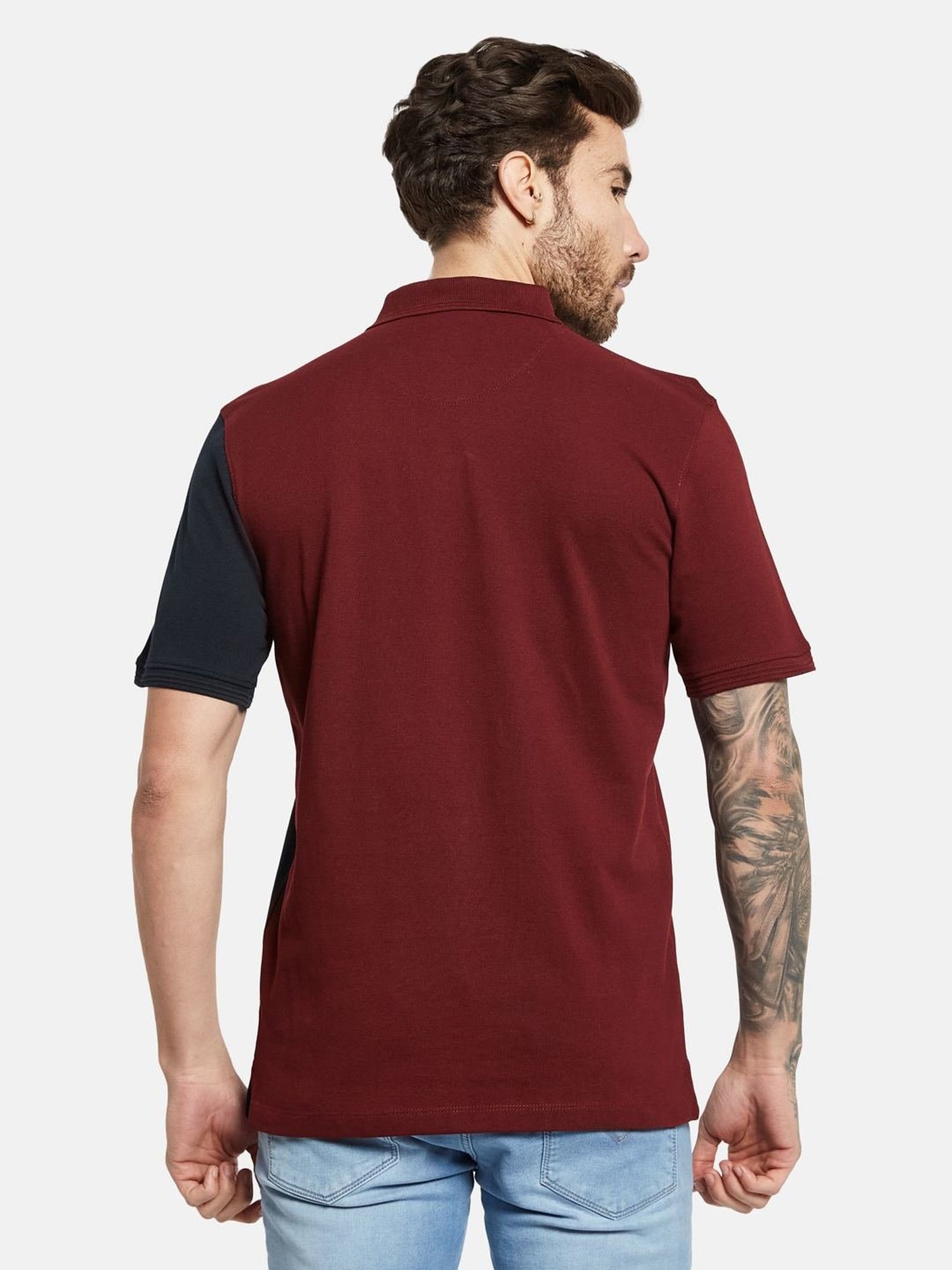 Octave Merlot Cotton Regular Fit Colour Block Polo T-Shirt
