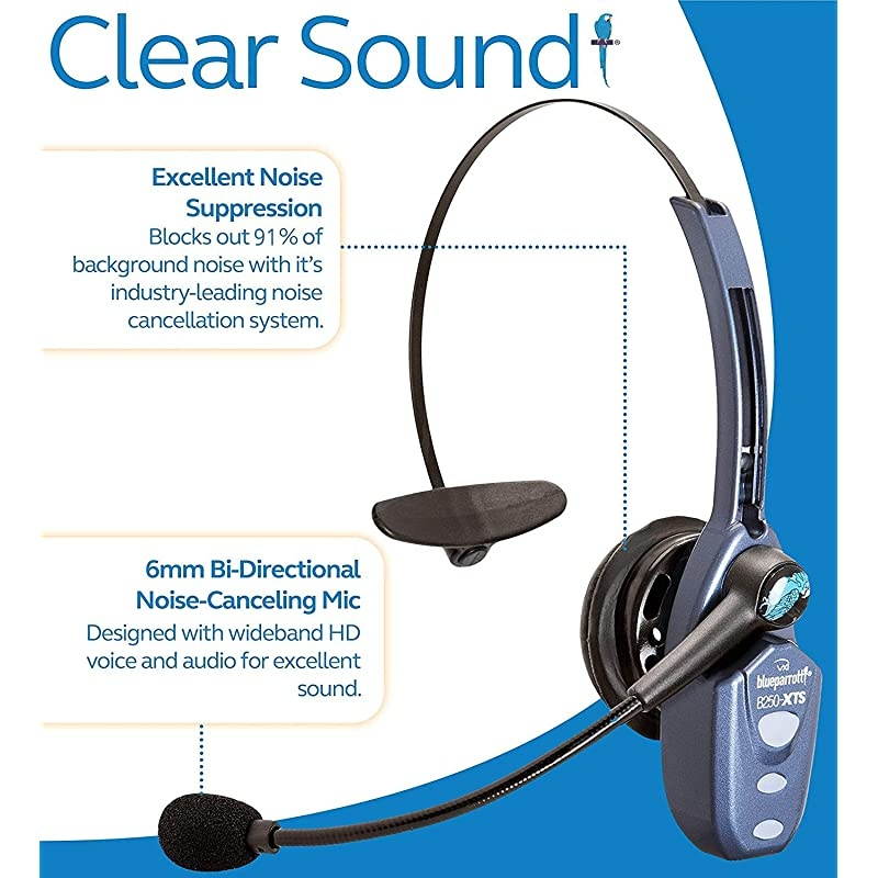 VXI BlueParrott B250-XTS Bluetooth Headset with 91% Noise Cancellation Bundle with  Micro USB Car Charger, USB Wall Adapter, and 5-Pack of Reusable Cable Ties