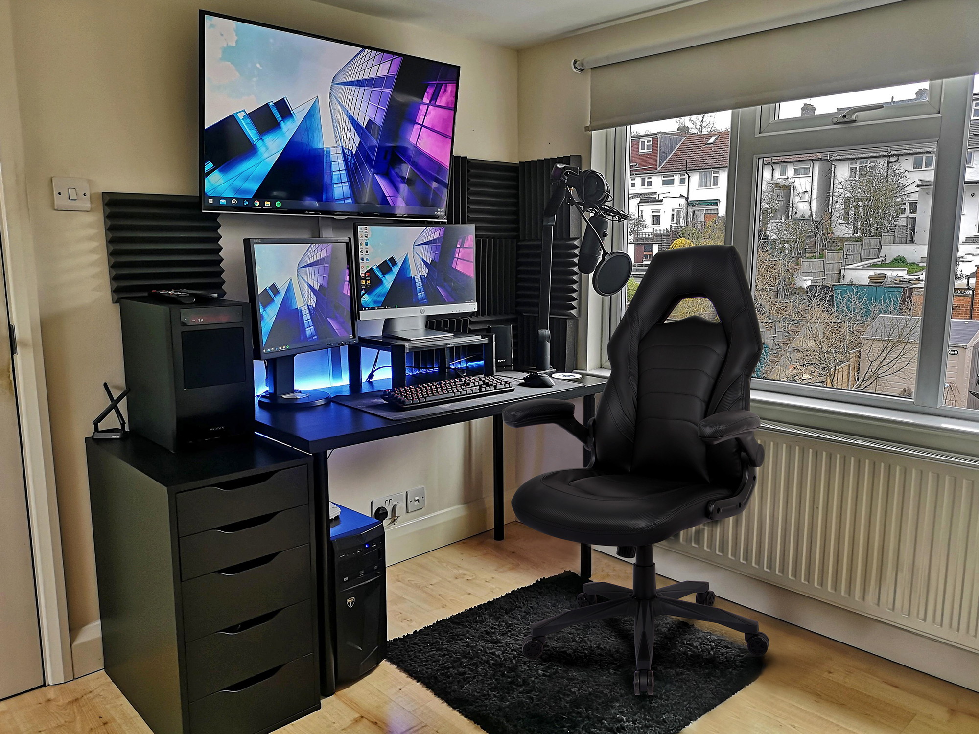 RIMIKING Bonded Leather Racing Ergonomic Gaming Chair Executive Computer Desk Office Chair with Height Adjustable 360&deg;Swivel Flip-up Arms Lumbar Support