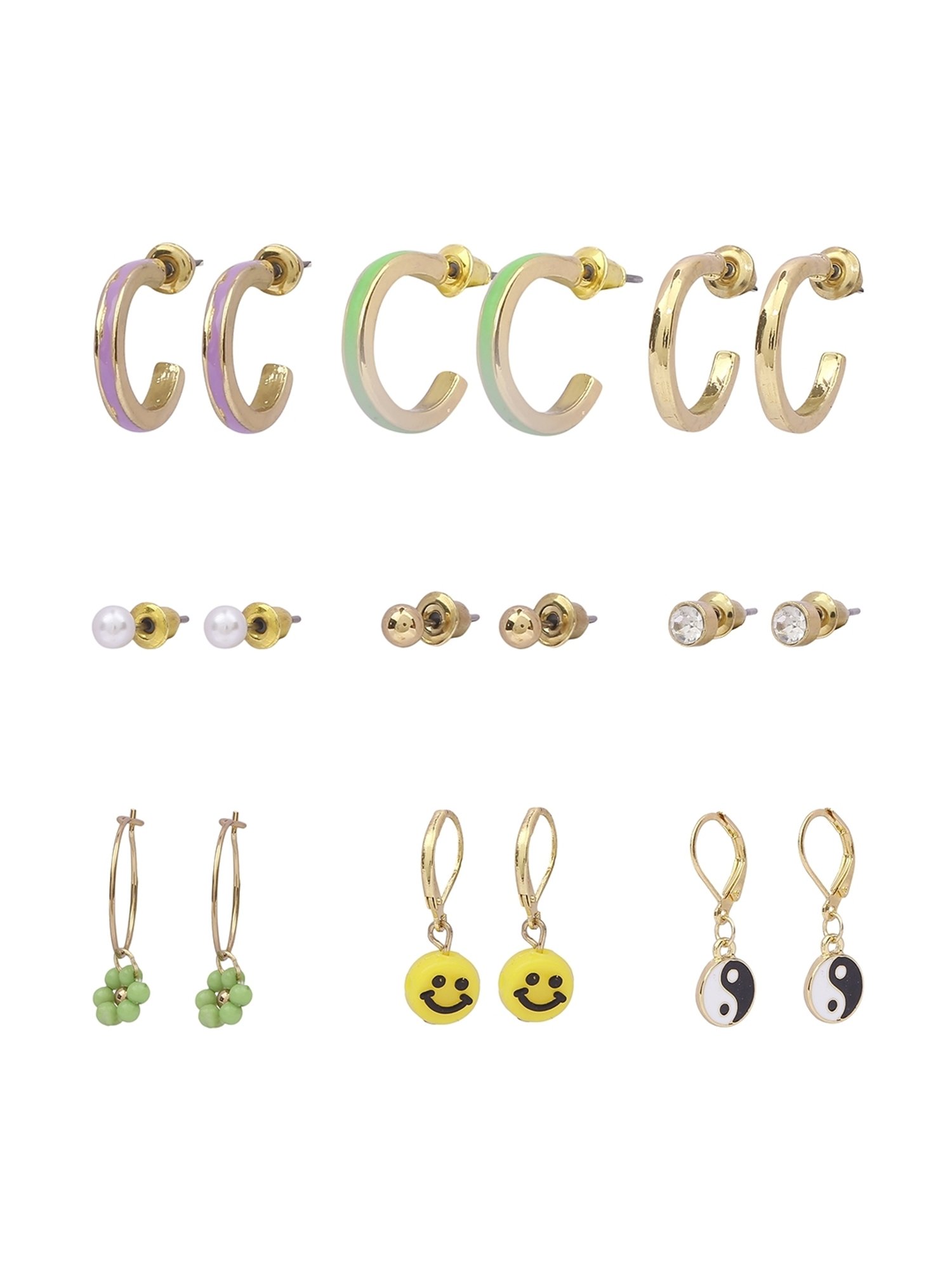 Lilly & Sparkle Set of 9 Golden 3 Studs, 3 Enameled Hoops, and 3 Smiley Yin-Yang Charm Bali Earrings