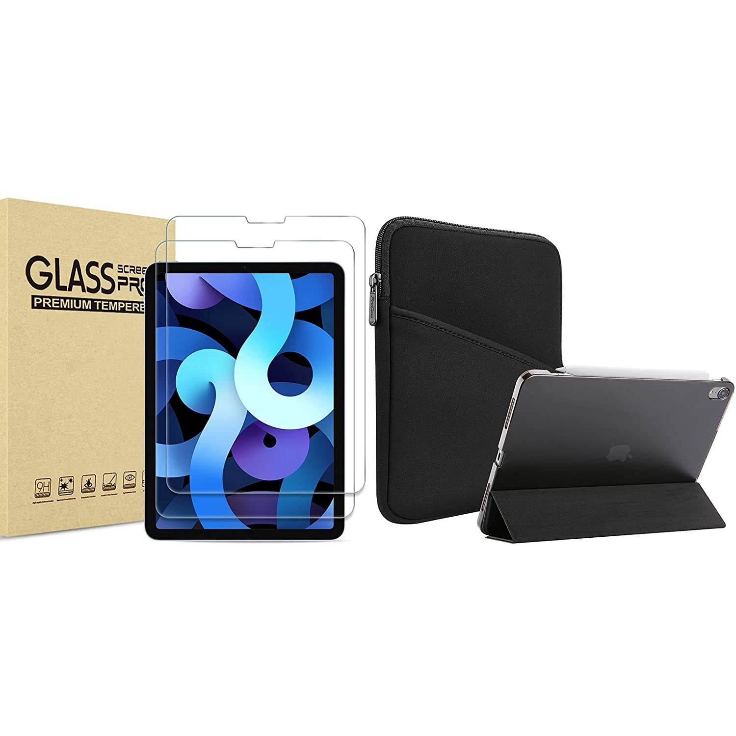 ProCase 2 Pack New iPad Air 4 Screen Protector 10.9 2020/ iPad Pro 11 2020 2018 (2nd & 1st Gen) Bundle with iPad Air 4 Case 10.9 Inch 2020 with Tablet Sleeve Case