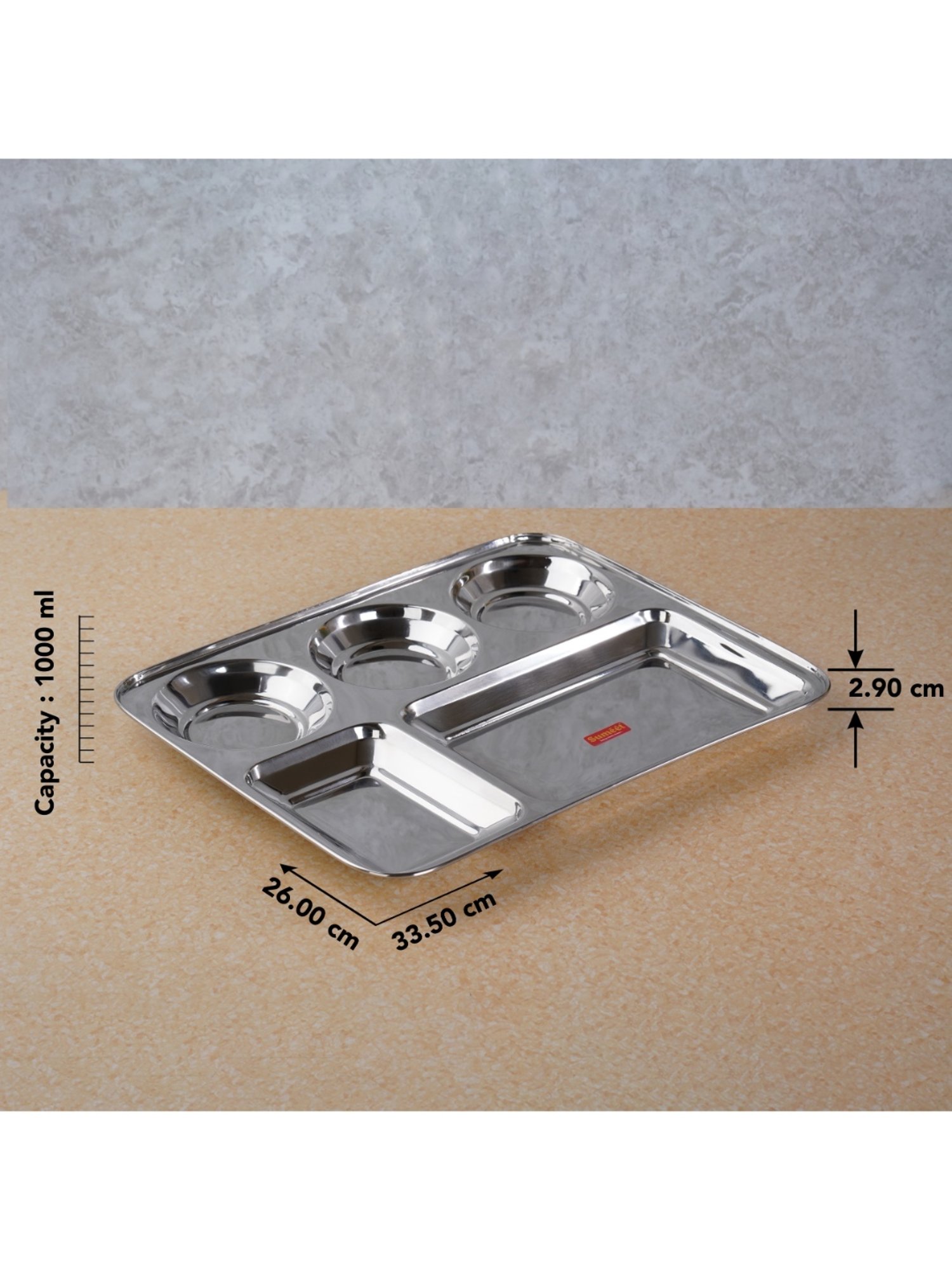 Sumeet S.S. Rectangular 5 in 1 Compartment Lunch/Dinner Plate Set of 4Pcs, 33.5cm Dia, Silver