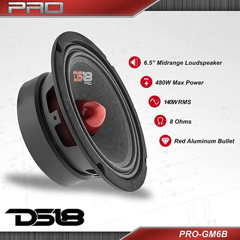 PRO-GM6.4B Loudspeaker - 6.5", Midrange, Red Aluminum Bullet, 480W Max, 4 Ohms,1.5" Kapton VC Premium Quality Audio Door Speakers for Car or Truck Stereo Sound System (1 Speaker)