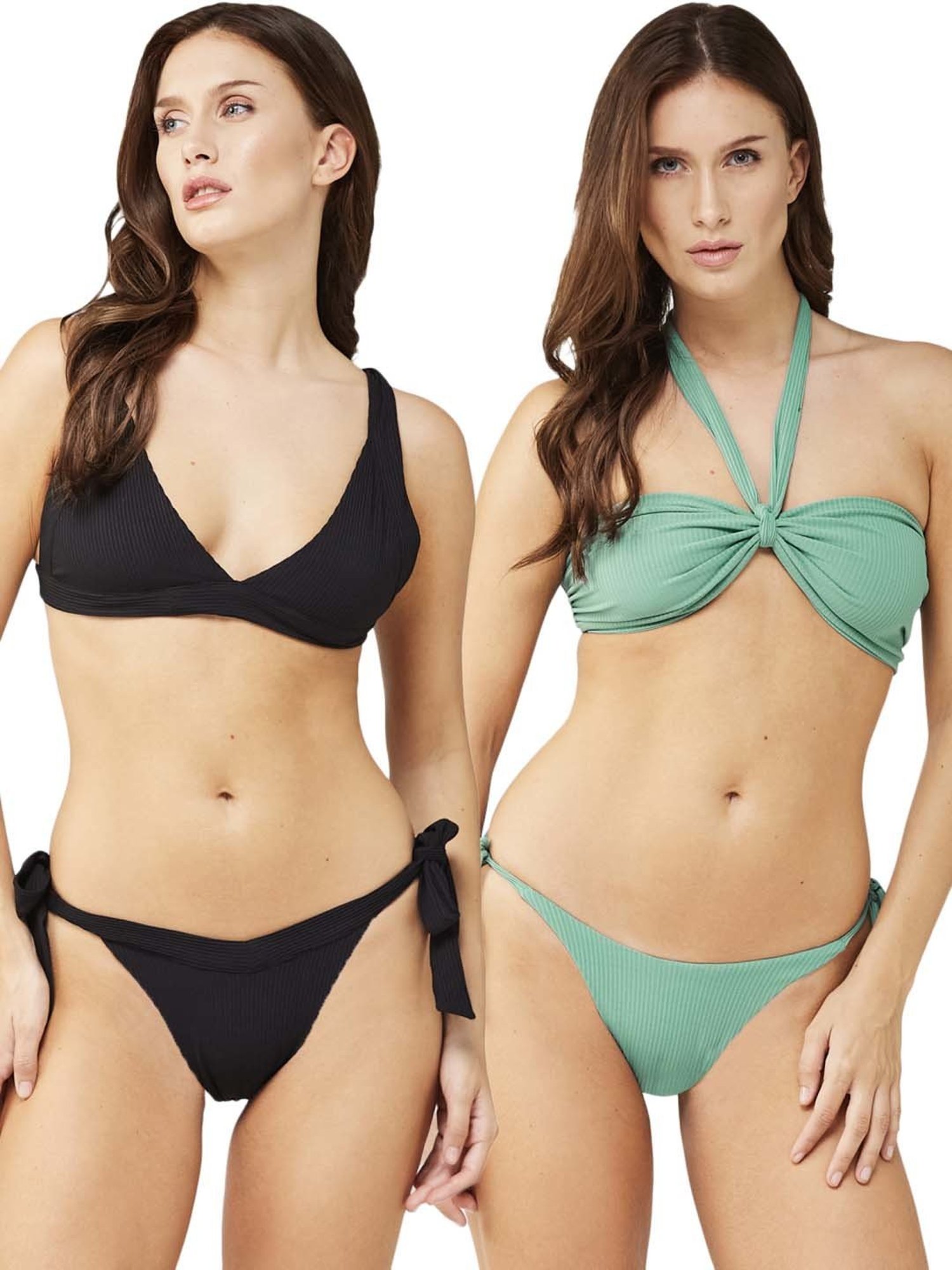 Secrets By ZeroKaata Black & Green Plain Swimwear Bra Panty Set - Pack Of 2