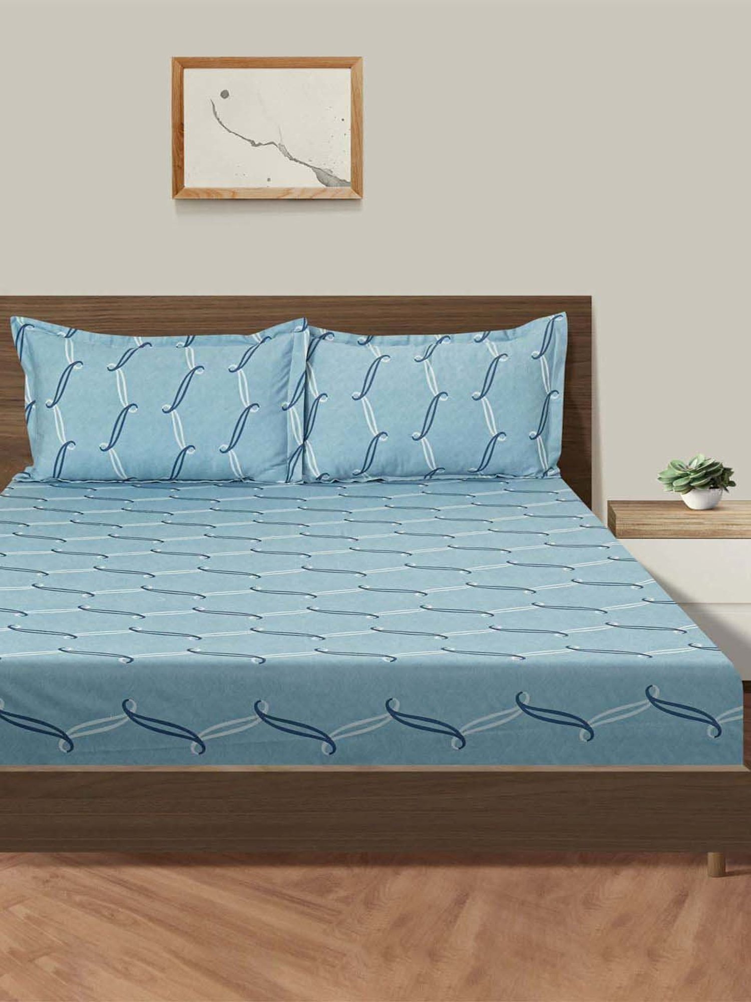 Swayam Blue Cotton 300 TC Double Size Bedsheet With Pillow Covers