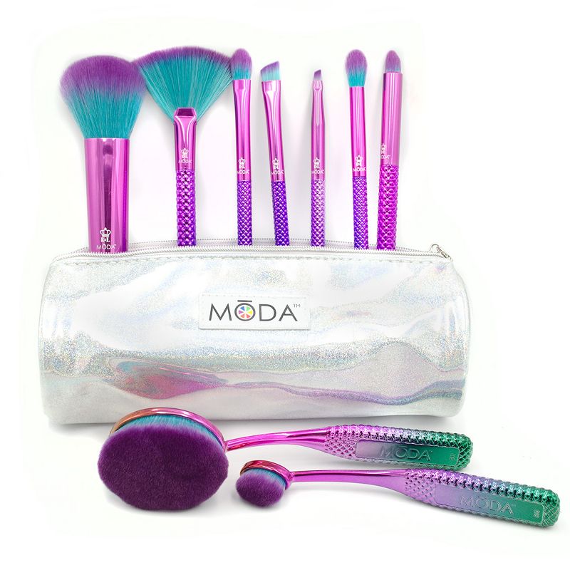 MODA Brush Prismatic 10pc Deluxe Gift Makeup Brush Set with Holographic Zip Case, Includes - Foundation, Fan, Eye Shader, and Angle Eyeliner Brushes