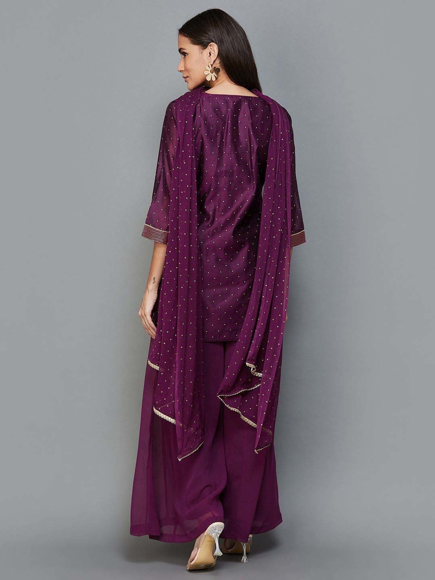 Melange by Lifestyle Wine Embellished Kurti Palazzo Set With Dupatta