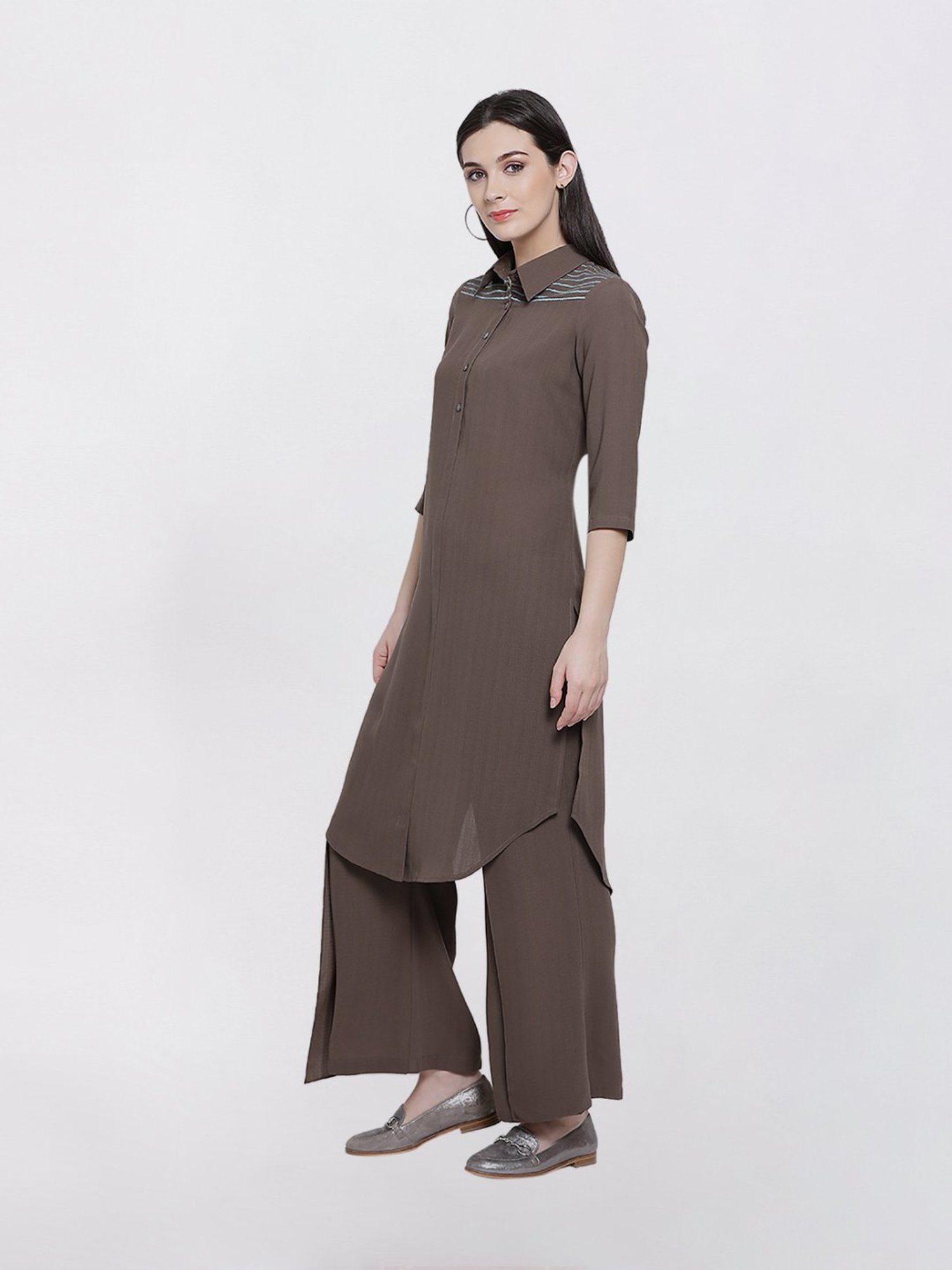 Office & You Earth Brown Long Kurti With Teel Blue Embellishment