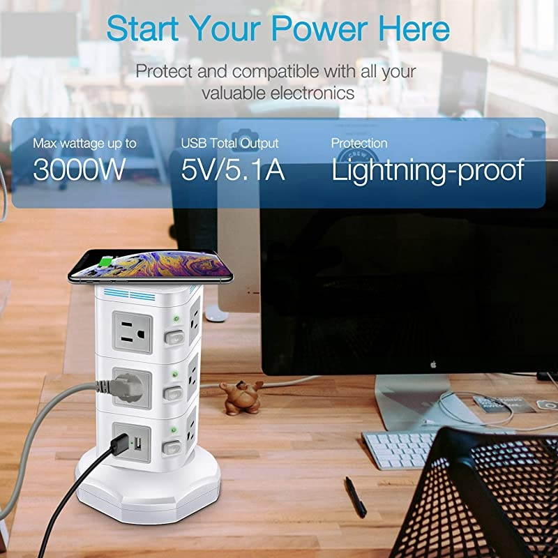 Power Strip Extension Cord with 4 USB Ports 10 Outlets  Surge Protector Power Strip Tower with Wireless Charger for iPhone Samsung Huawei Multi Outlets Plug Charging Station