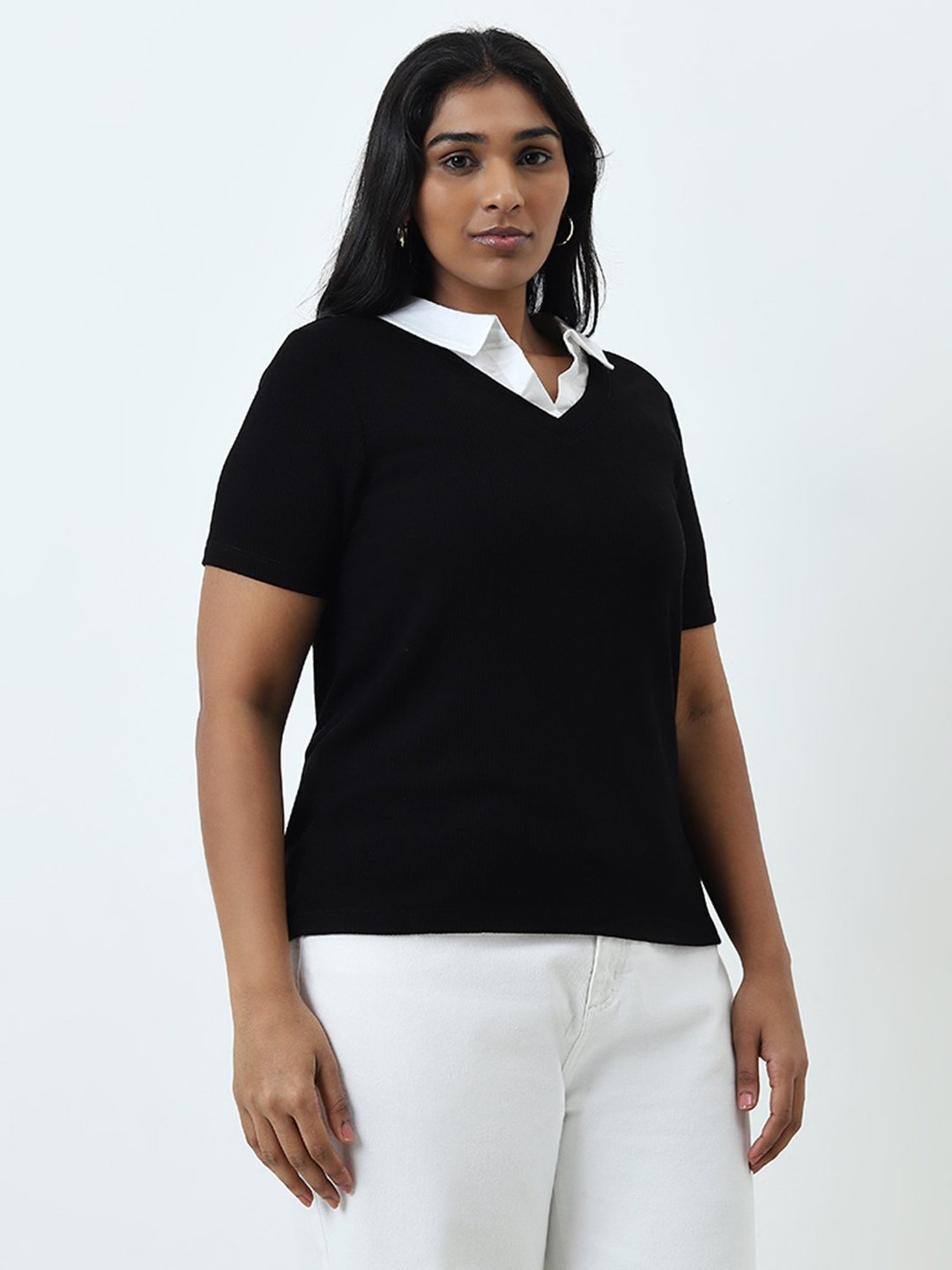 Gia by Westside Black Ribbed Textured T-Shirt