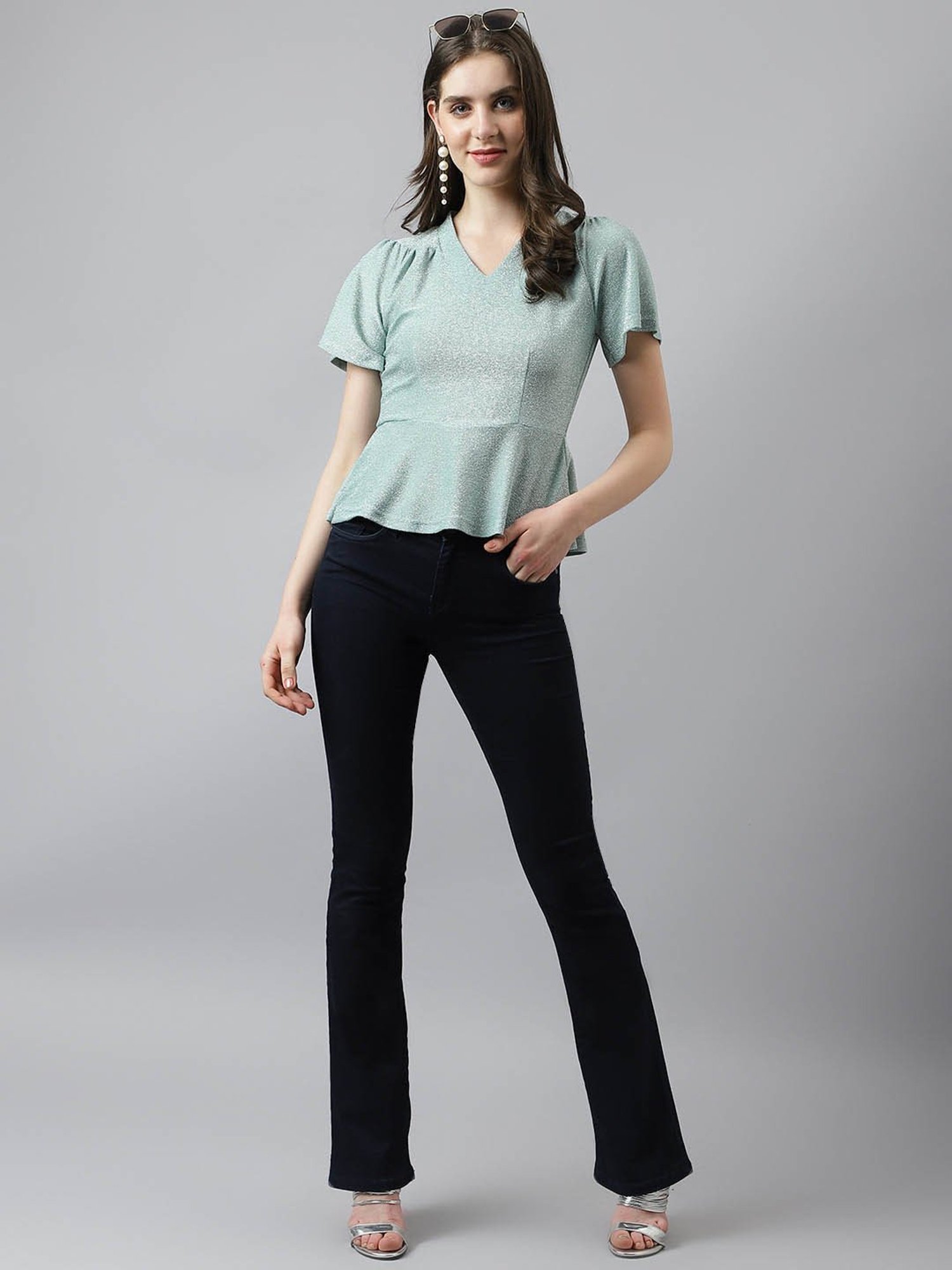Latin Quarters Sage Green Textured Peplum Top