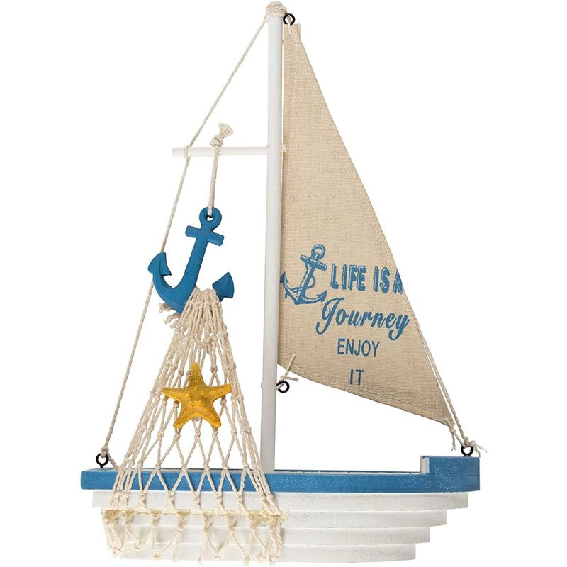 Juvale Wooden Sailing Boat Home Decor, Beach Nautical Design Sailboat with Anchor, 12.5 x 8.25 x 3 In
