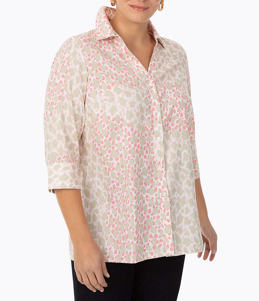 Foxcroft Plus Size Pamela Pebble Animal Print Point Collar Neck Non-Iron 3/4 Sleeve Tunic