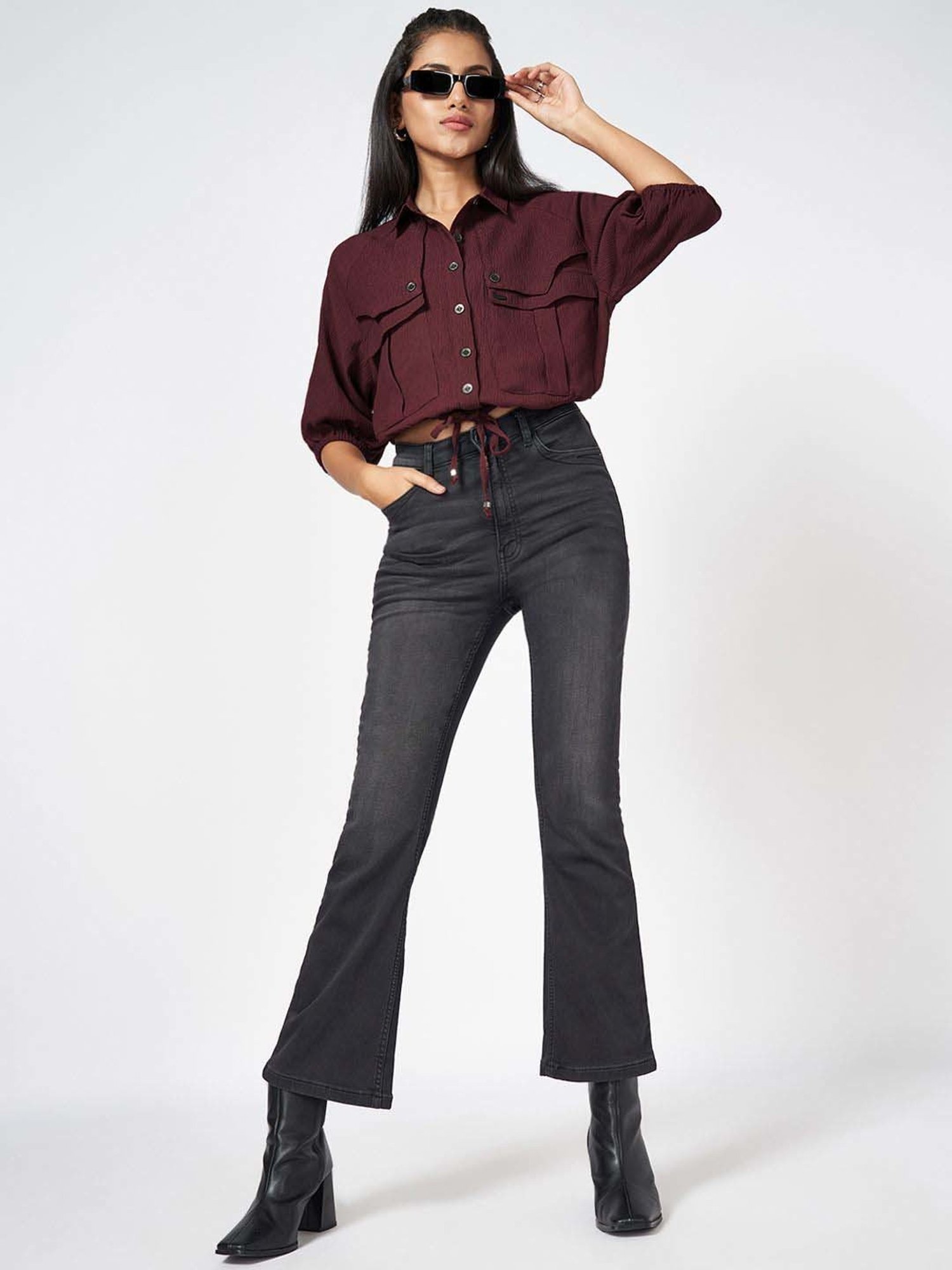 SF Jeans by Pantaloons Red Plain Shirt