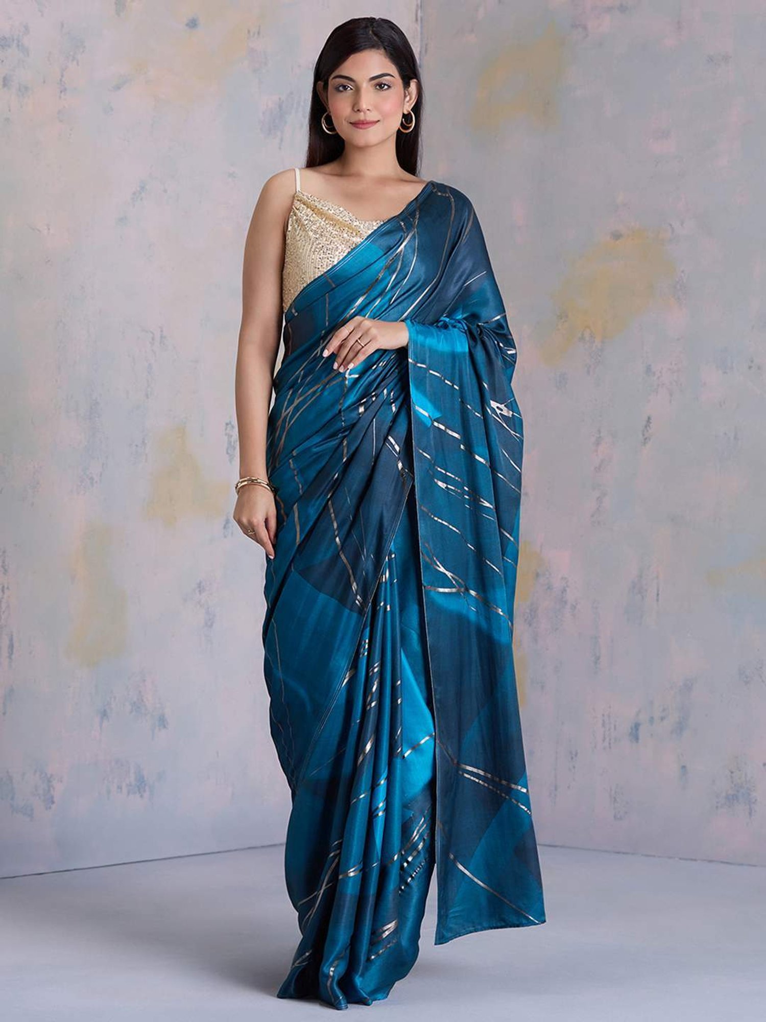 navyasa by liva Blue Printed Saree With Unstitched Blouse