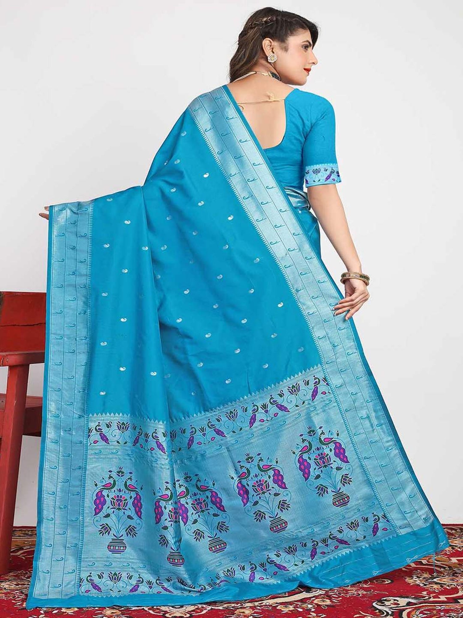 SHUBHKALA Blue Silk Woven Saree With Unstitched Blouse