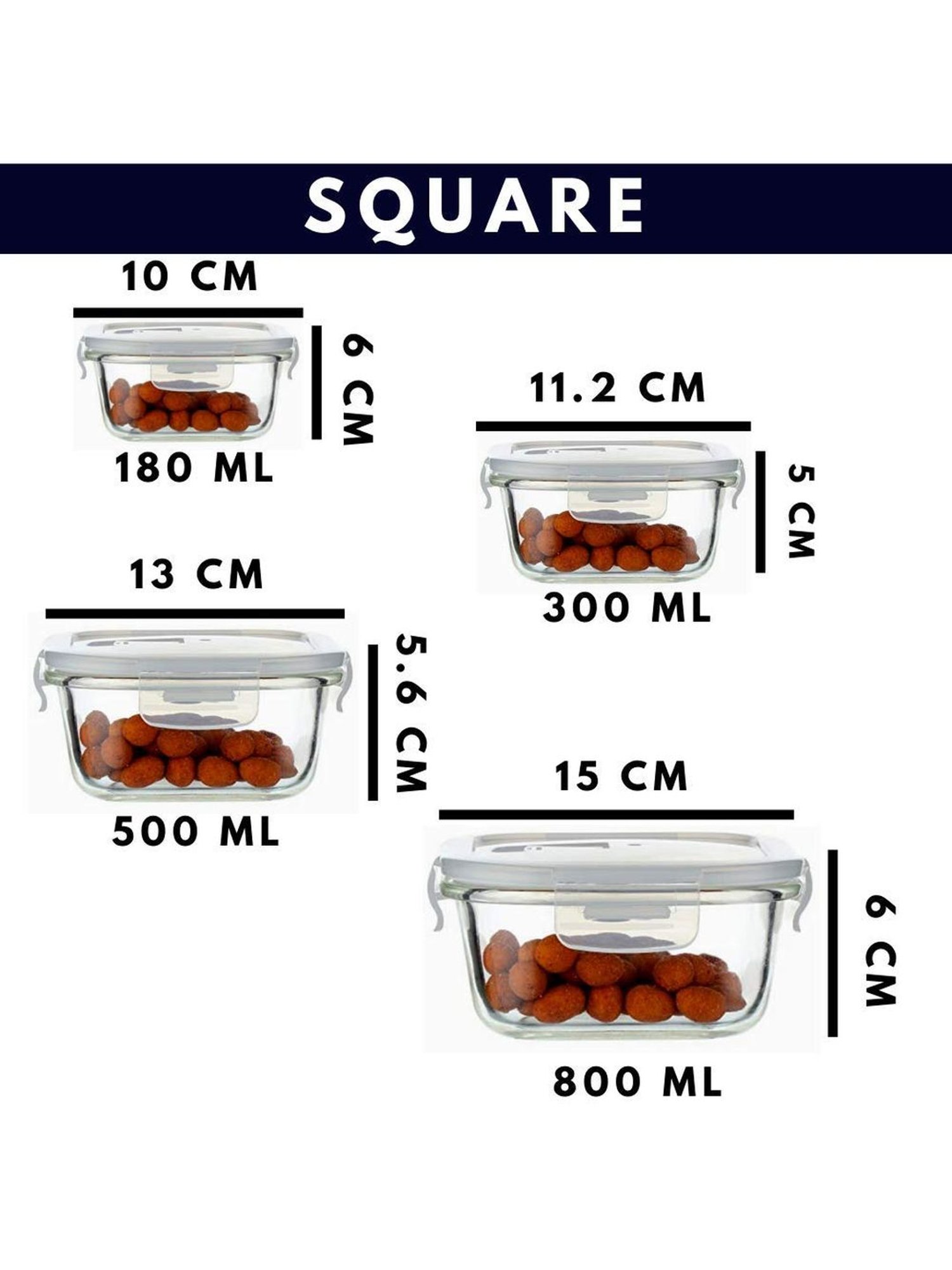 Femora Glass Square Storage Containers with Lid (180 ml, 300 ml, 500 ml & 800 ml) - Set of 4