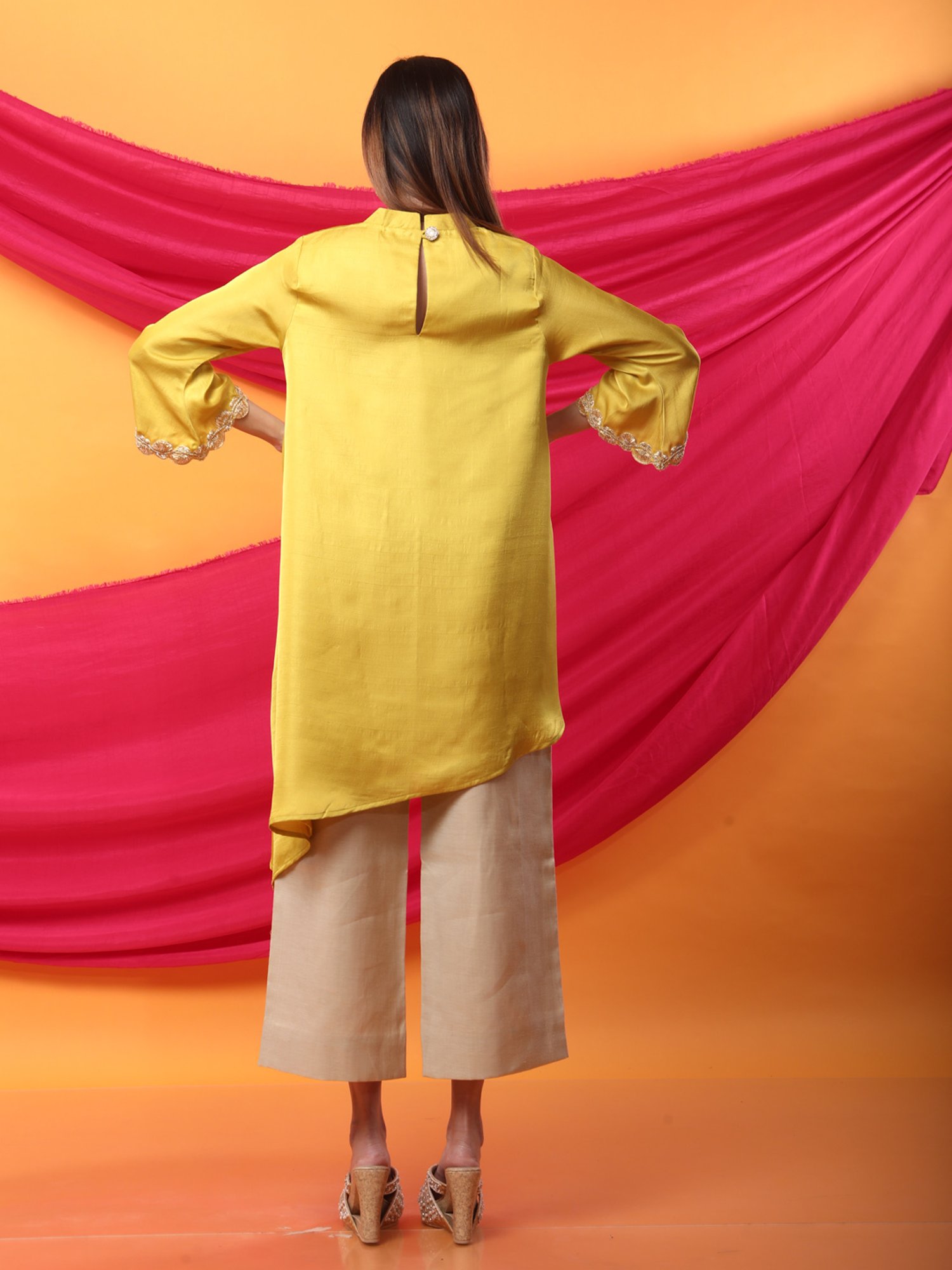 Monk & Mei Nusrat Assymetrical Kurta and Pant Co-ord Set-Canary Yellow and gold