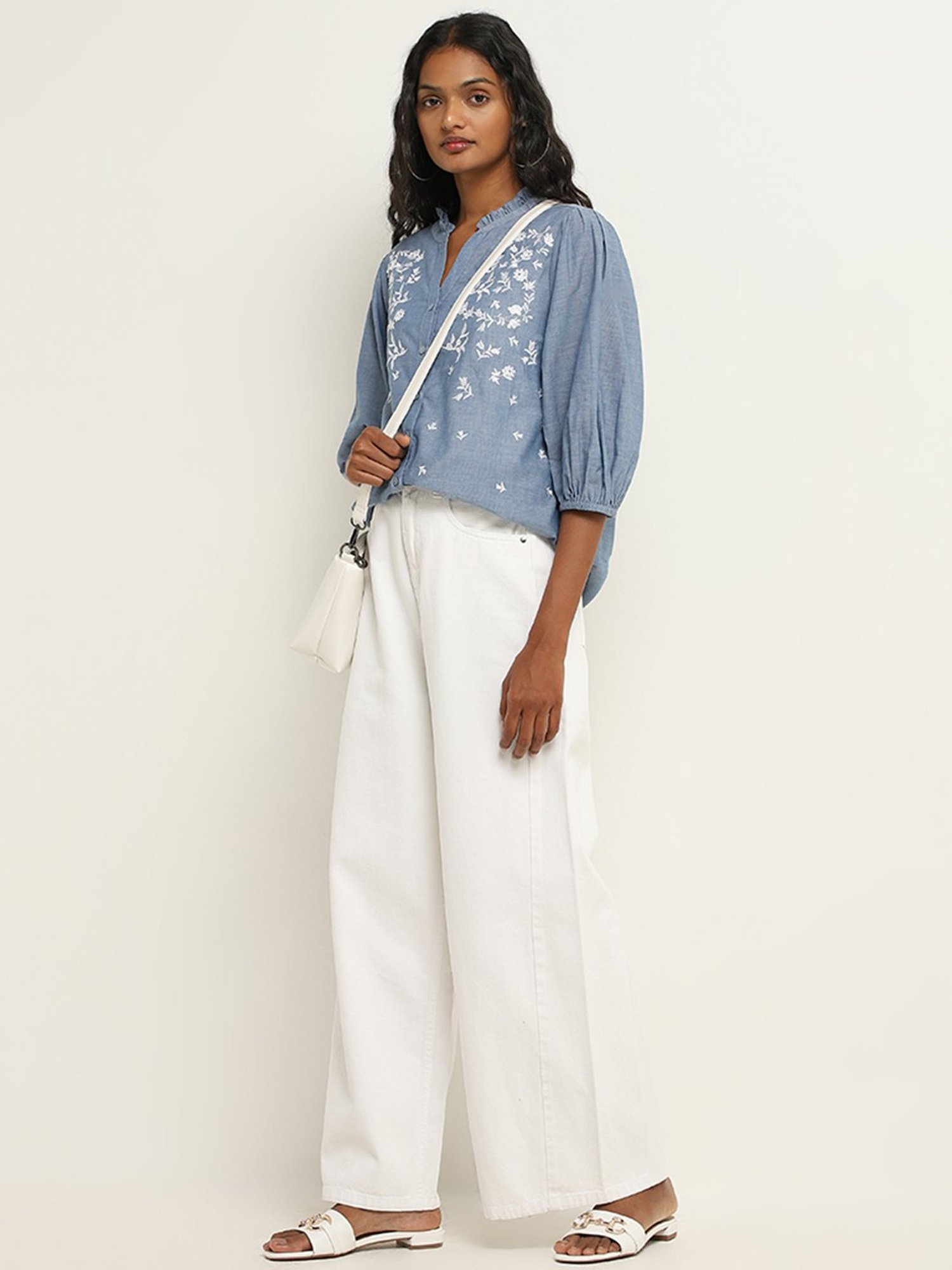 LOV by Westside Blue Floral Embroidered Cotton Top