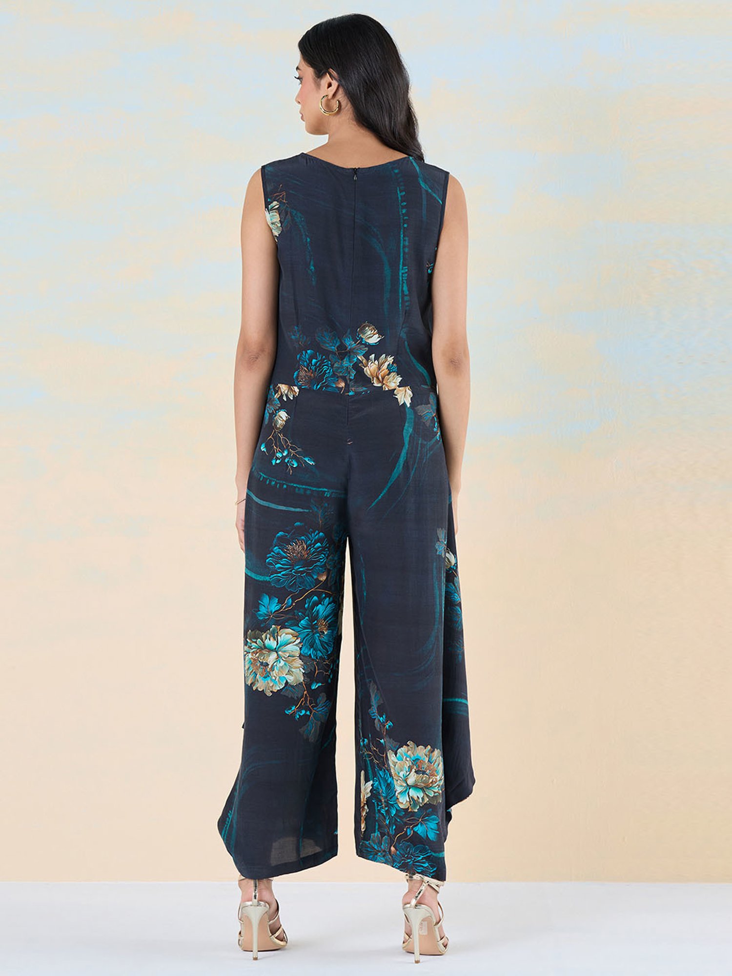 navyasa by liva Teal Floral Print Jumpsuit