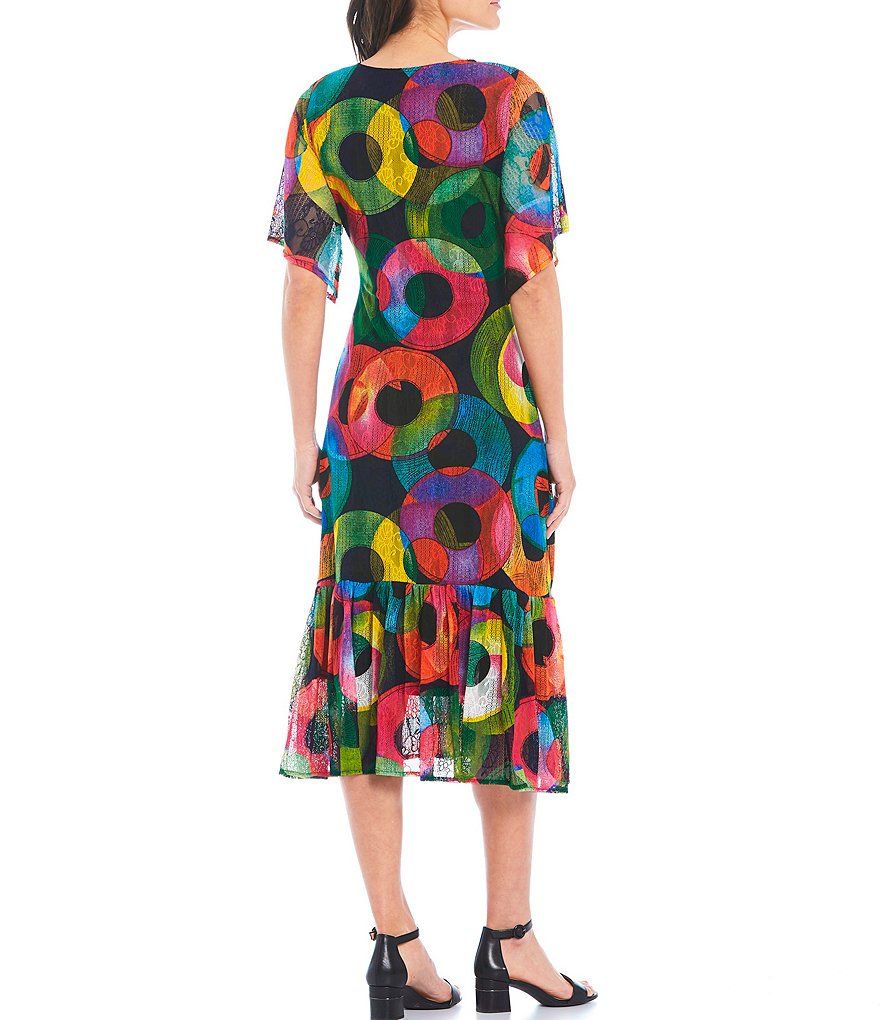 Calessa Abstract Multi Color Flutter Sleeve Mesh Dress