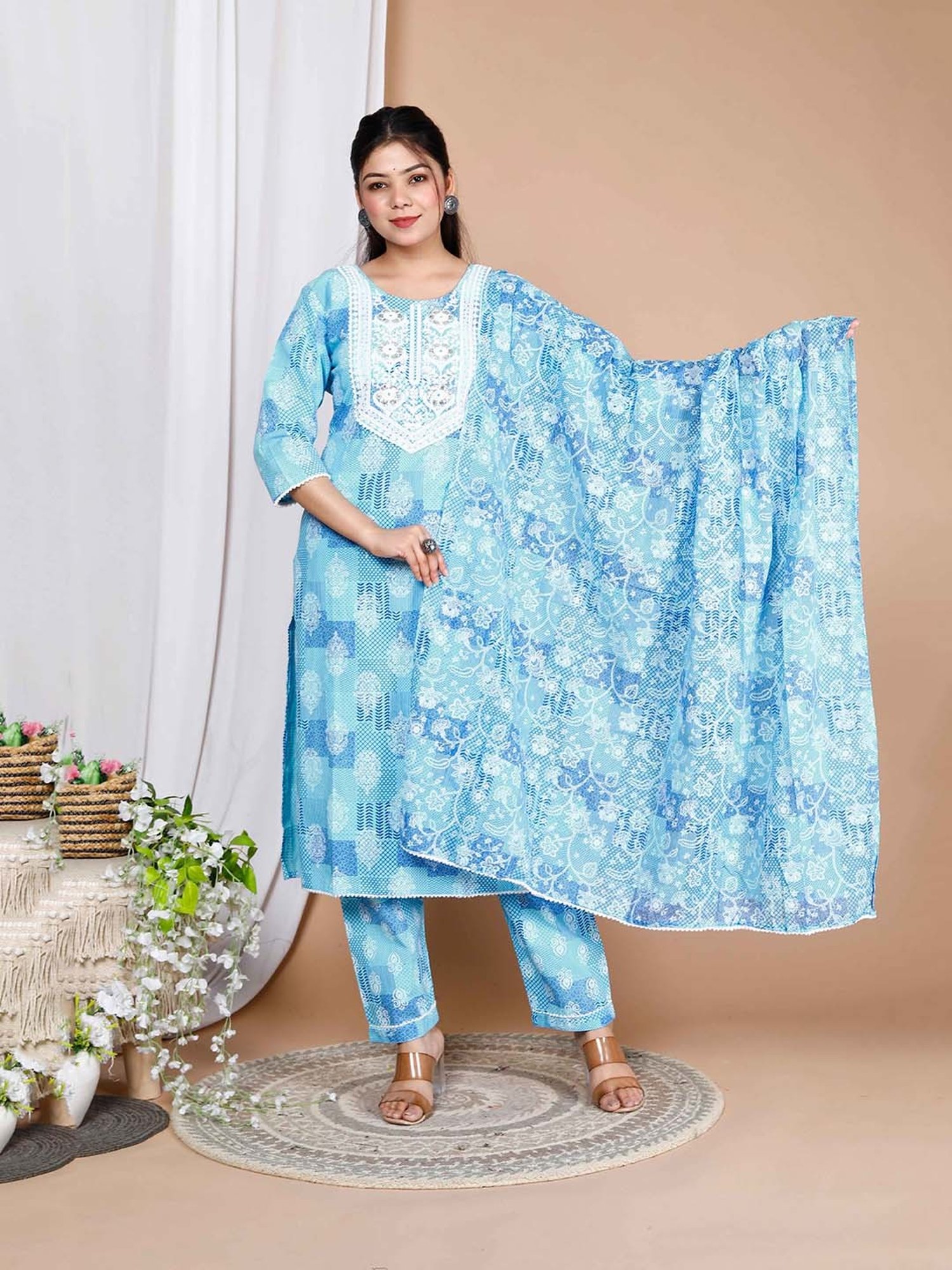 Miravan Blue Printed Kurta With Palazzo & Dupatta