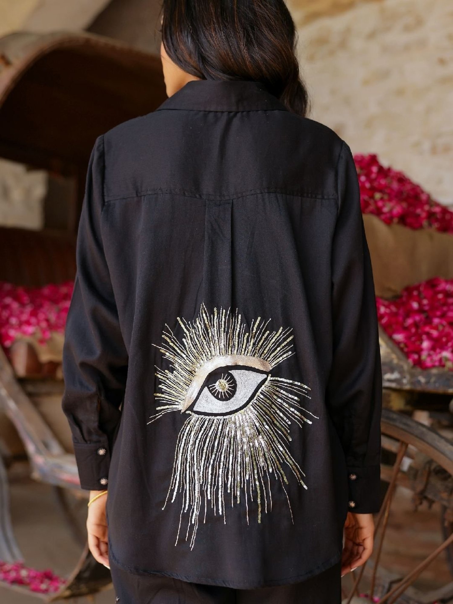 Gulaal Black Hand Embroidered Evil Eye Shirt with Pant Co-ord Set