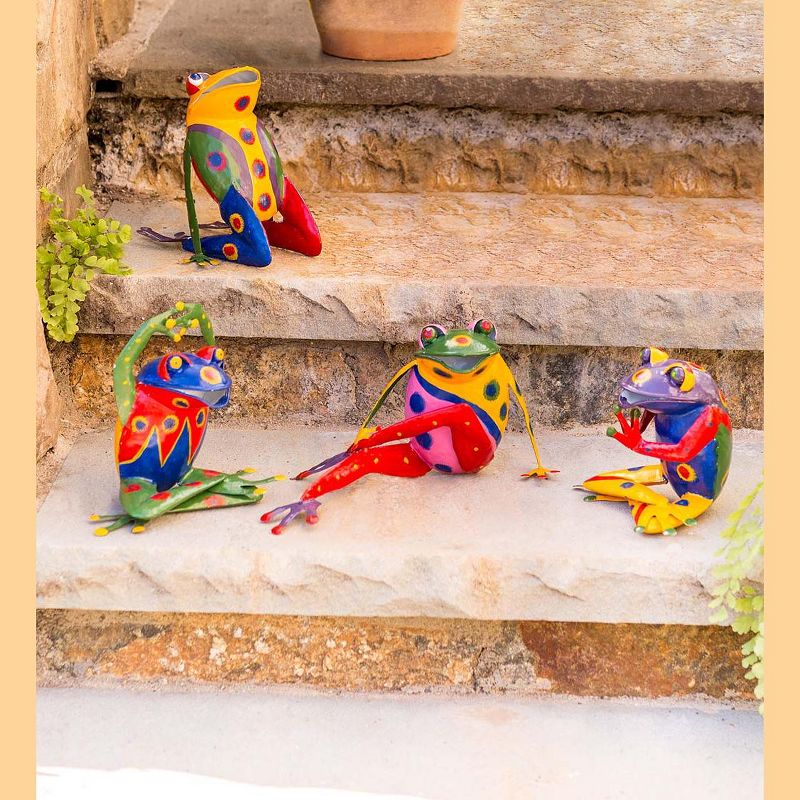 Wind & Weather Handcrafted Colorful Metal Yoga Frog Sculptures, Set of 4