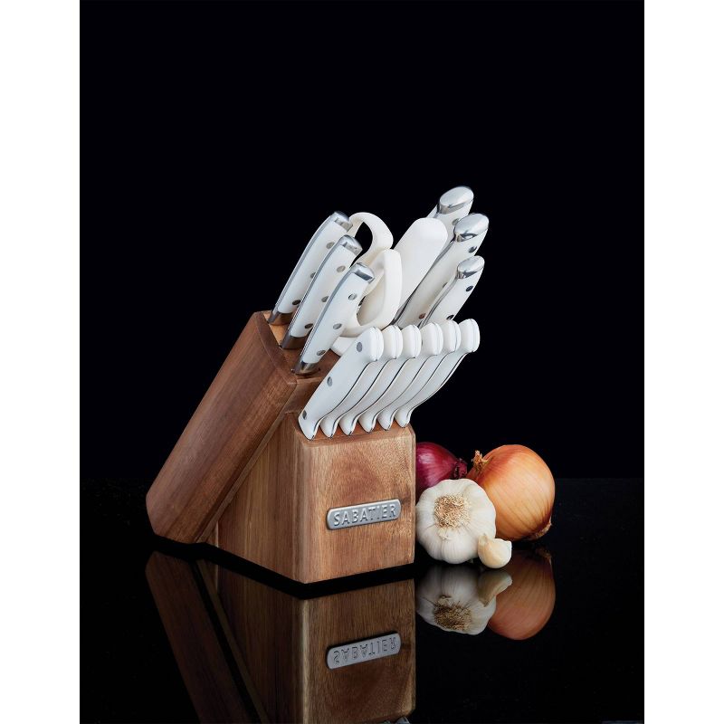 Sabatier 15pc White Knife Set with Acacia Block