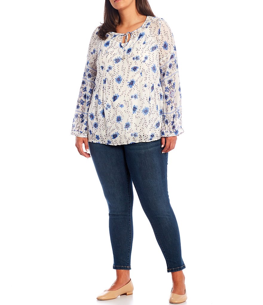 One World Apparel Plus Size Floral Stripe Mix Print Tie Keyhole Round Neck Long Bubble Sleeve Top