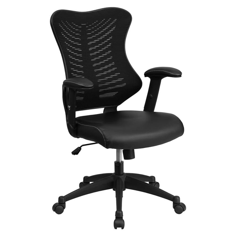 High Back Designer Black Mesh Executive Swivel Ergonomic Office Chair with LeatherSoft Seat and Adjustable Arms