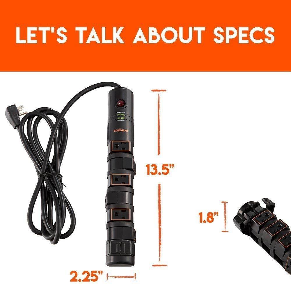 ECHOGEAR Power Strip Surge Protector with 8 Rotating-Outlets, Cable Management, Flat Plug & Fireproof Technology - 2160 Joules of Surge Protection - Expand Outlet Capacity & Keep Your Gear Safe