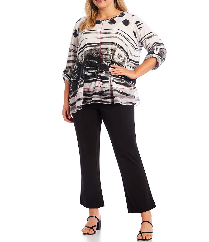 Ali Miles Plus Size Abstract Dot Print Knit Crew Neck 3/4 Roll-Tab Sleeve Tunic