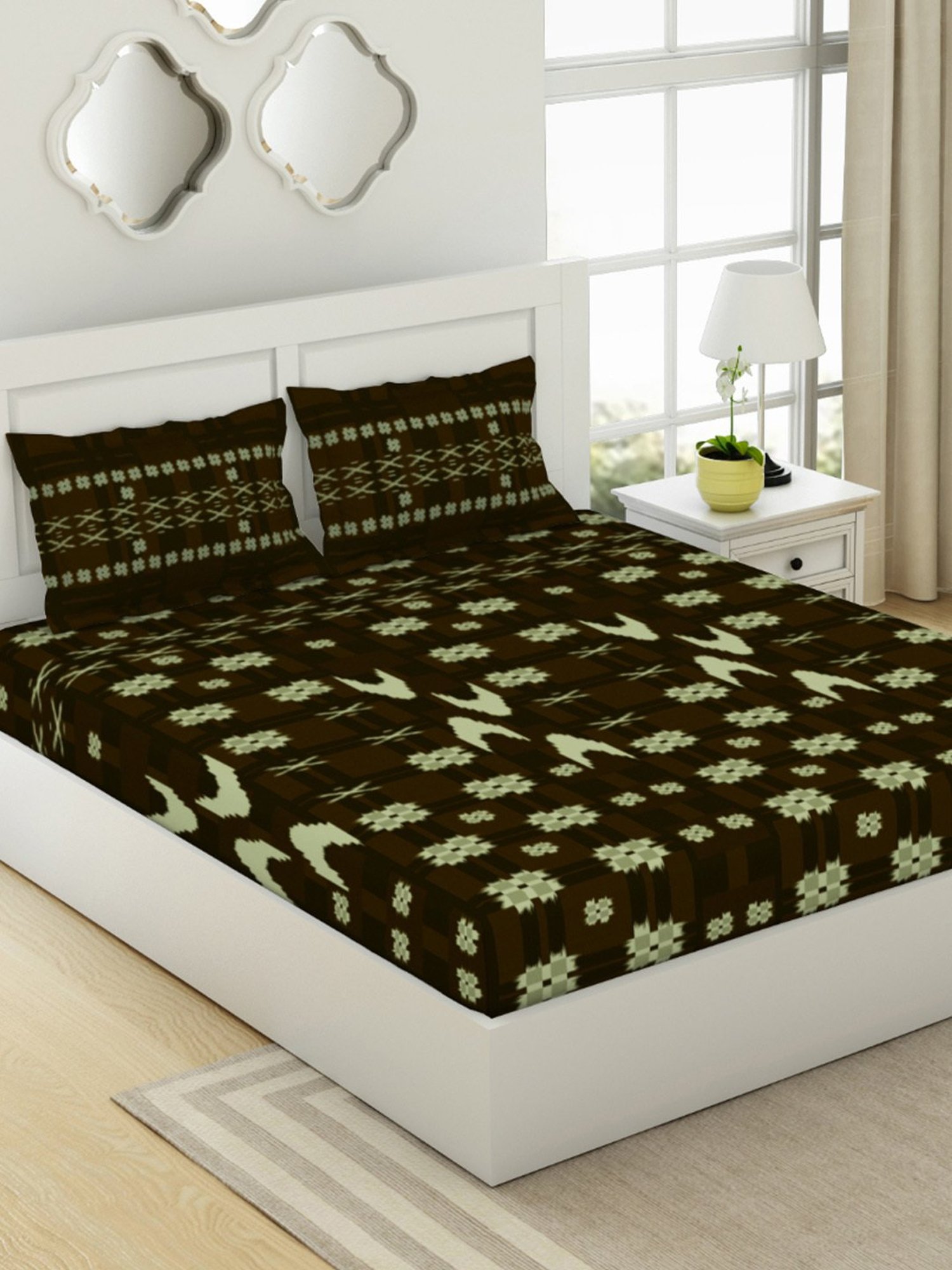 Spaces Ikkat Geometric Brown 144 TC Cotton King Bedsheet with 2 Pillow Covers