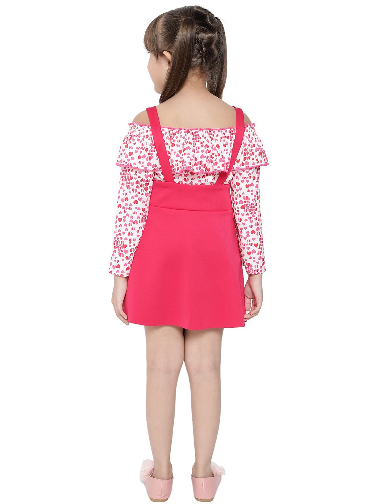 Nauti Nati Kids Pink & White Printed Top With Dungaree
