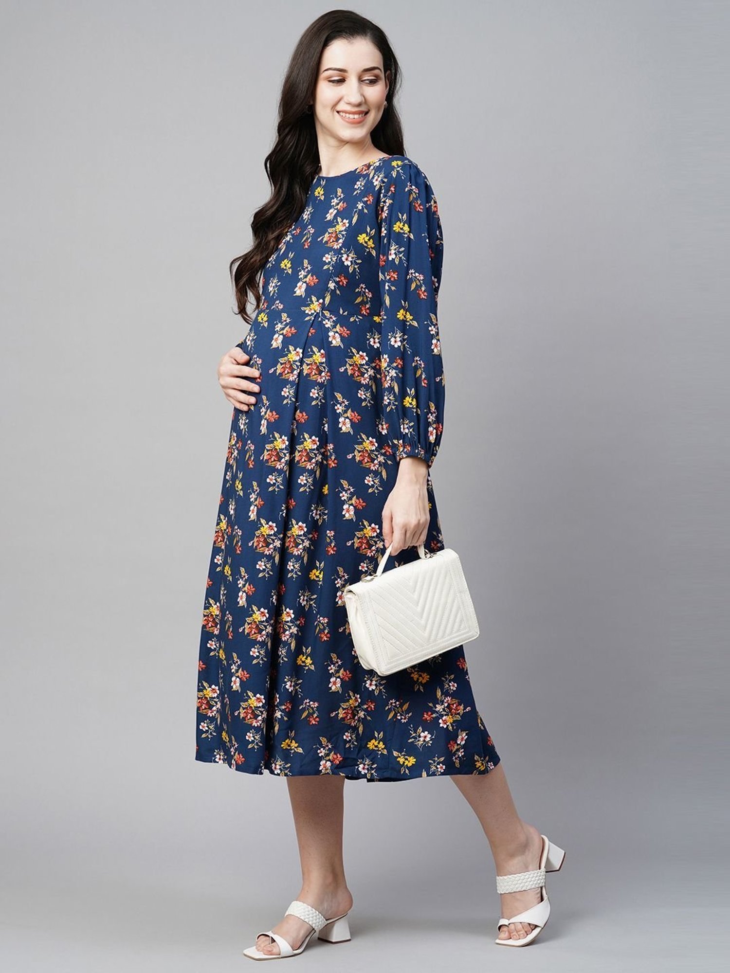 MomToBe Blue Printed Maternity Dress