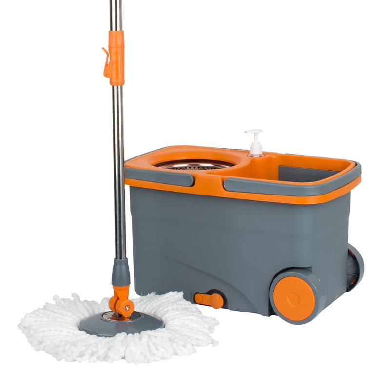 Casabella 8585333 Spin Cycle Kitchen Bathroom Home Office Mop with Bucket and Built In Soap Dispenser, Orange