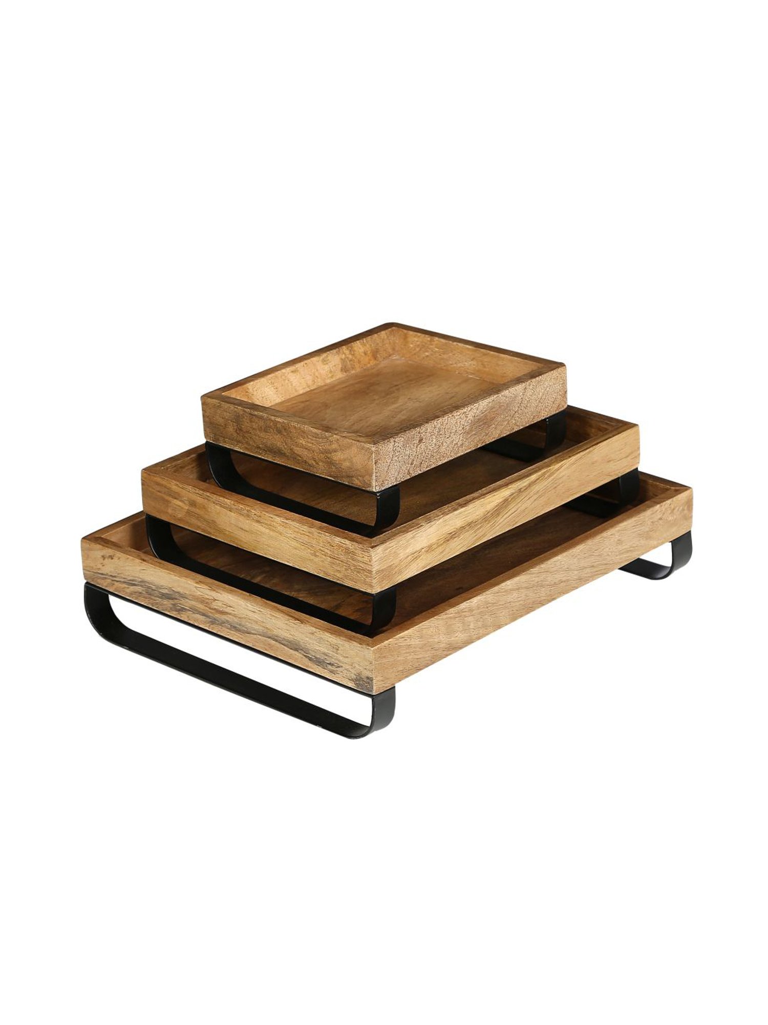 Crayton Mango Wood Serving Trays with Bottom Metal Handle - Set of 3