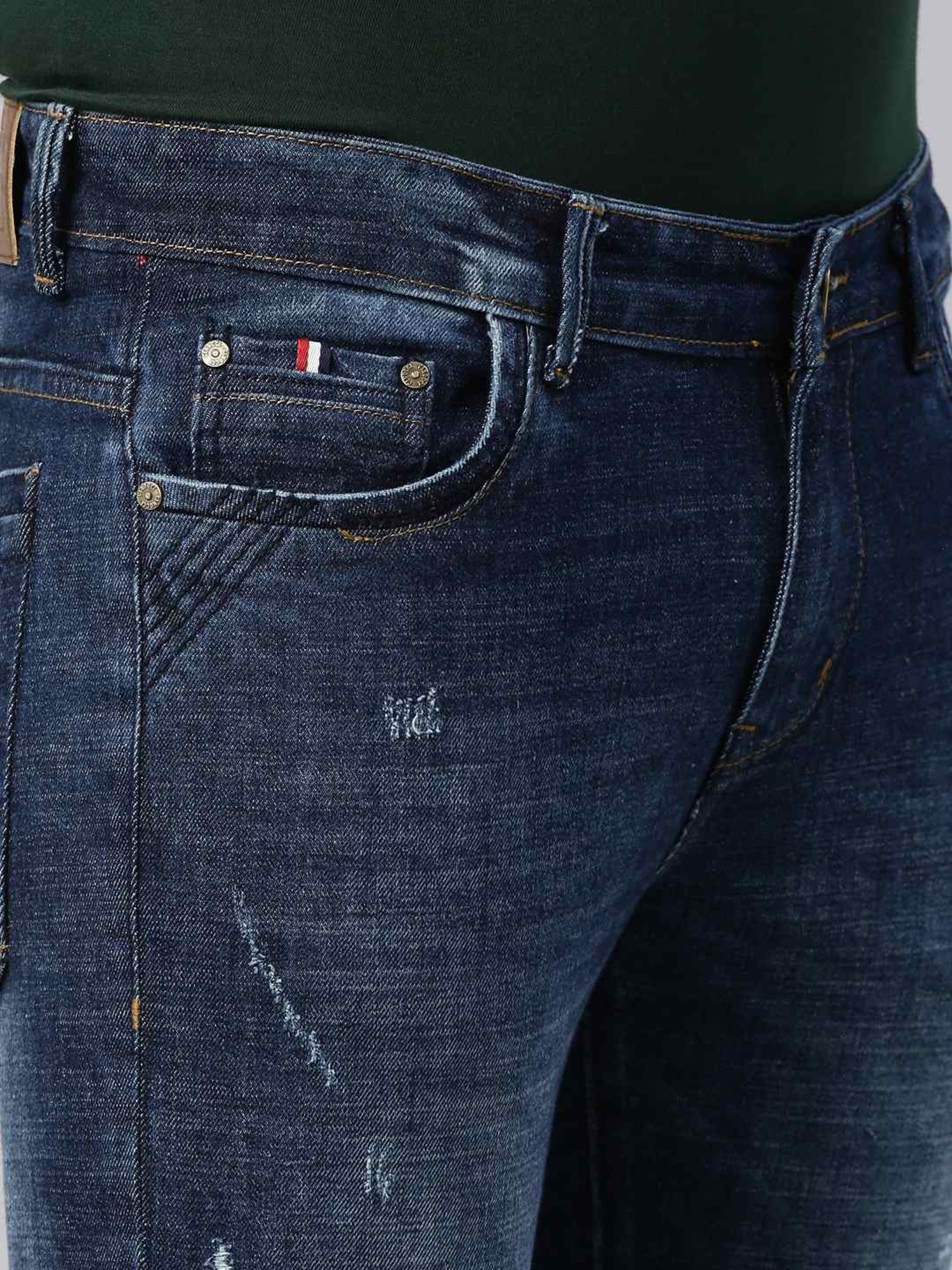 CINOCCI Blue Cotton Slim Fit Distressed Jeans