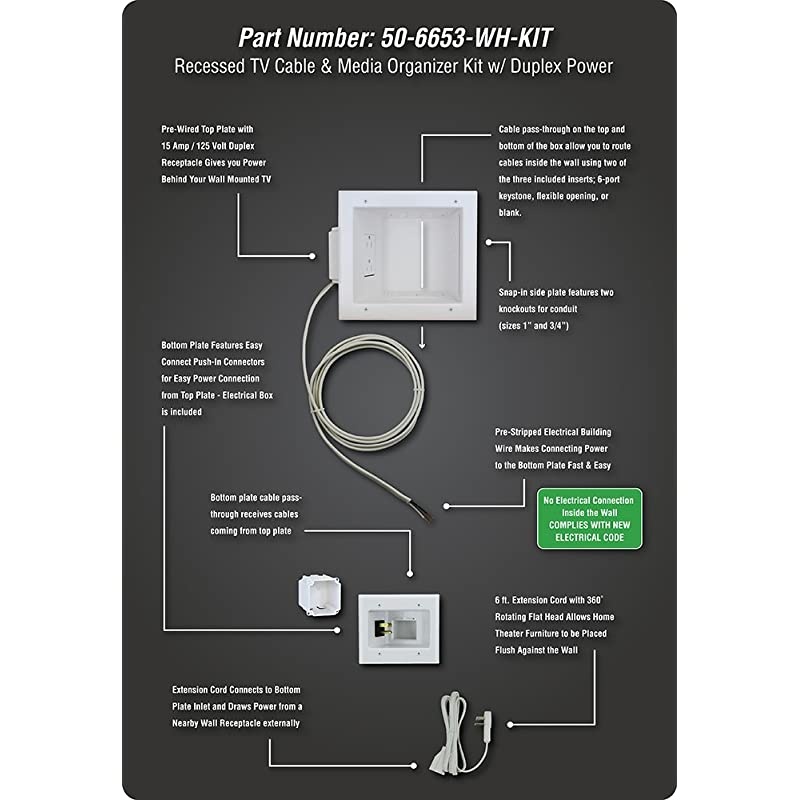Electronics 506653WHKIT Recessed TV Cable amp Media Organizer Kit with Duplex Power Receptacle White