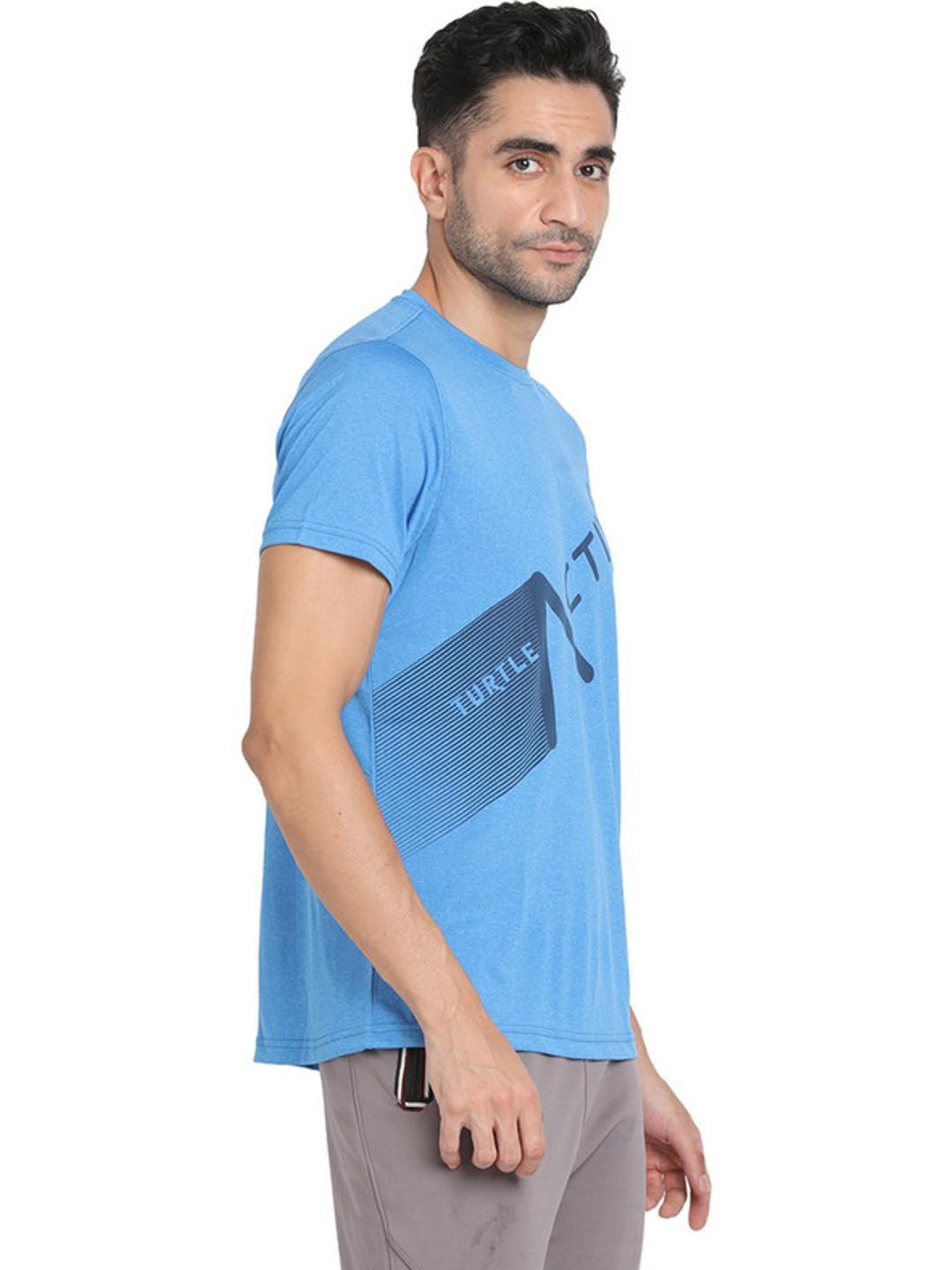 Turtle Blue Slim Fit Printed Sports T-Shirts