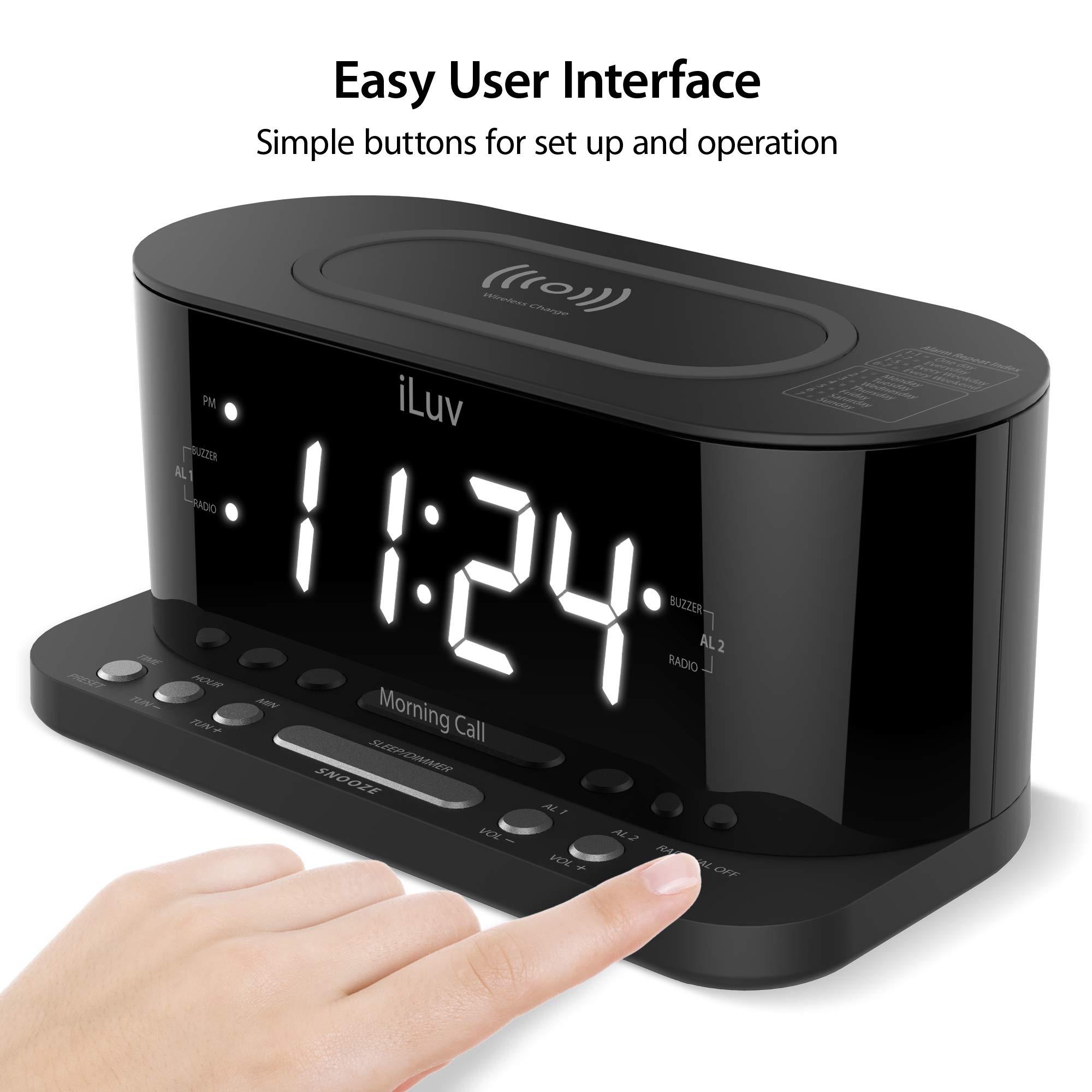 iLuv Wireless Charging Alarm Clock with Qi Certified, 1.2" Jumbo LED Dual alarm Clock , Radio Alarm Clock, FM 10 Preset, USB Charging Alarm Clock, Sleep Timer, 3 Dimmer,100 -240V AC Power