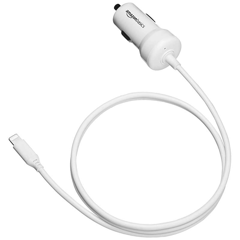 Basics Straight Cable Lightning Car Charger, 5V 12W, 3 Foot, White