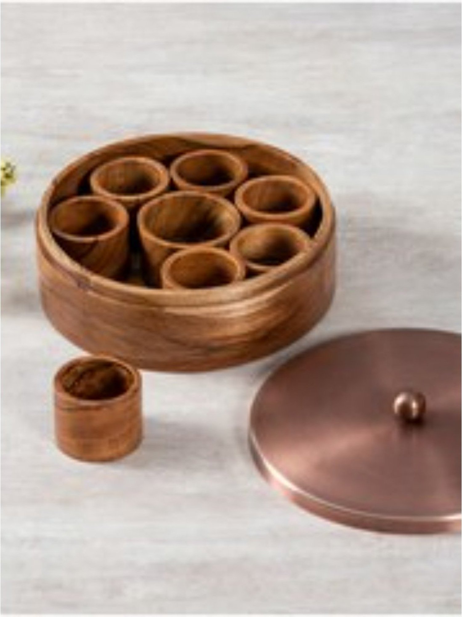 Nestroots Solid Brown & Copper Teak Wood Masala Box with Lid